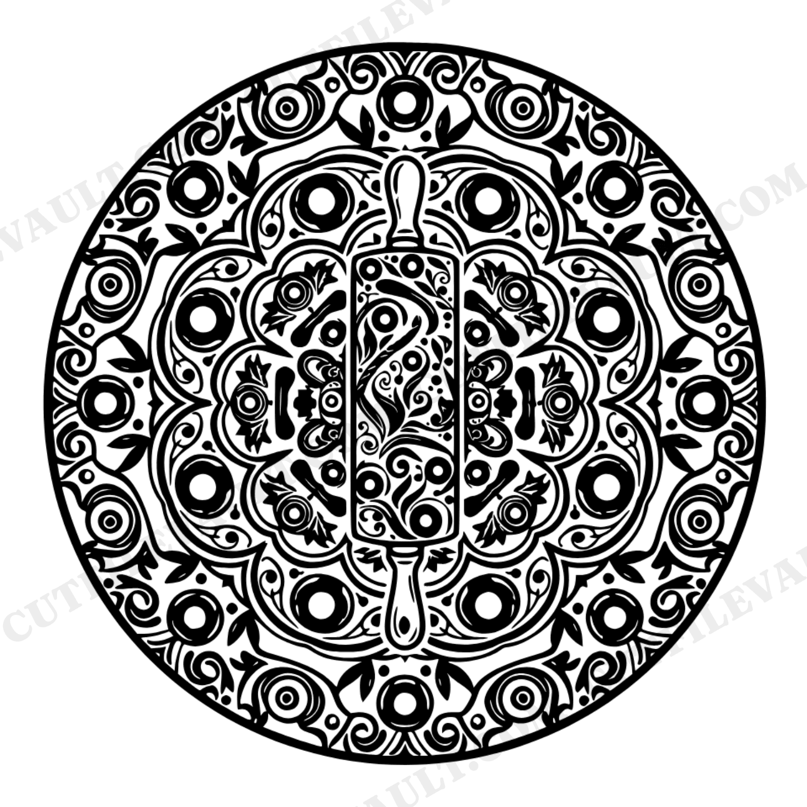 Mandala Rolling Pin SVG PNG, National Donut Day Baker Radial Symmetry Cut File, Vintage Botanical Pastry, view 1