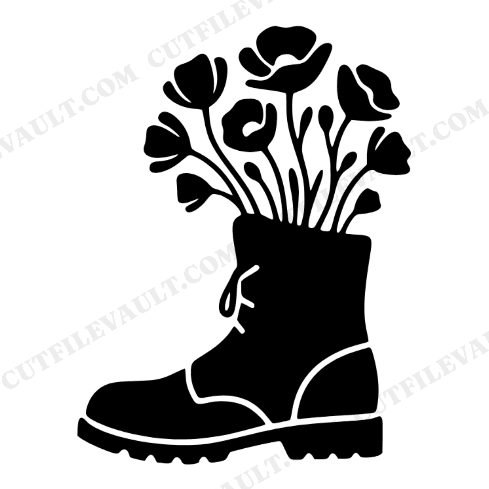 Memorial Day Poppy Boot SVG PNG, Combat Boot Silhouette, Military Remembrance Cut File Design, view 1