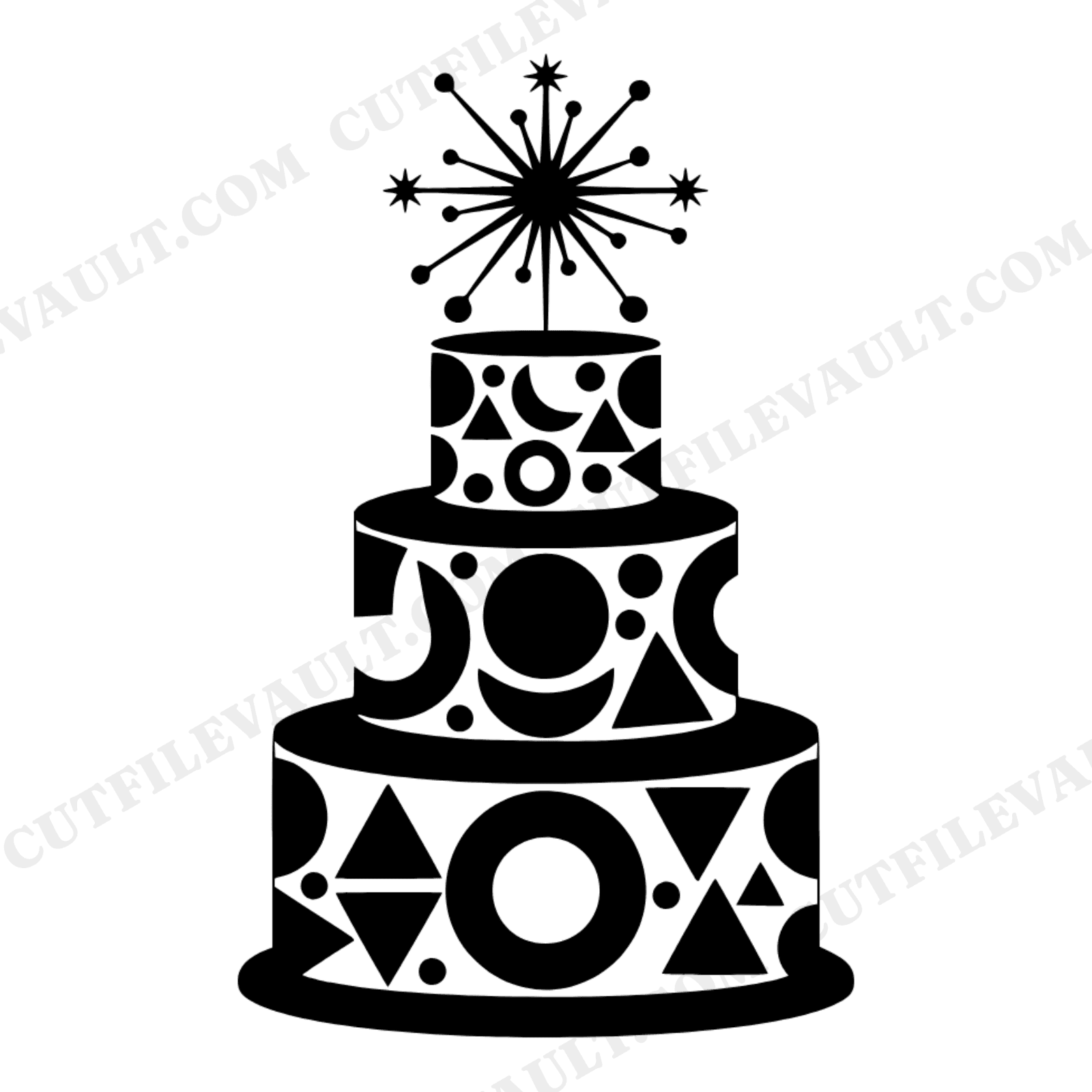 Mid Century Modern Cake SVG PNG, Retro Three Tier Wedding Cake Cut File, Atomic Starburst Topper, view 1