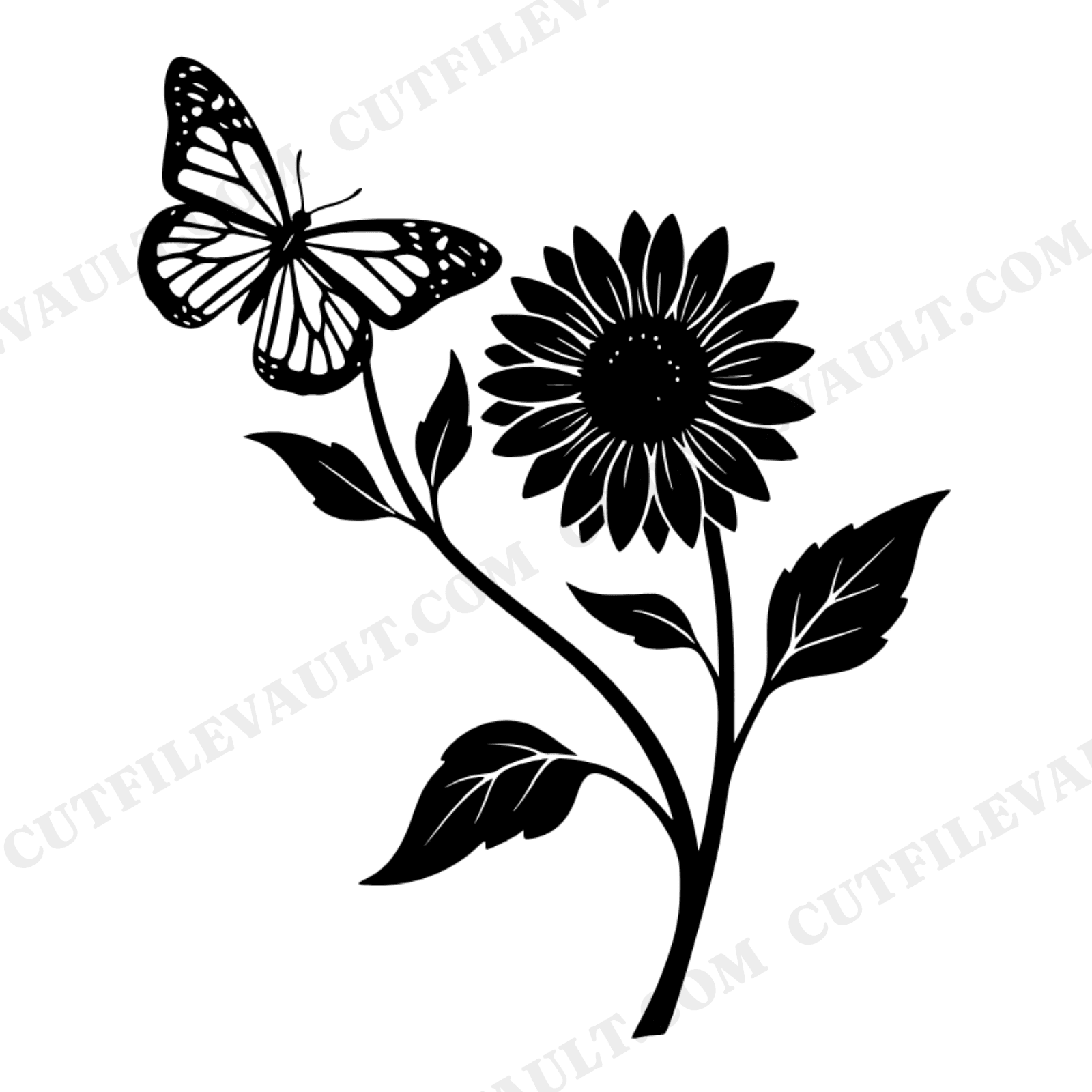 Monarch Butterfly on Sunflower SVG PNG, Vintage Botanical Silhouette Cut File for Cricut, view 1
