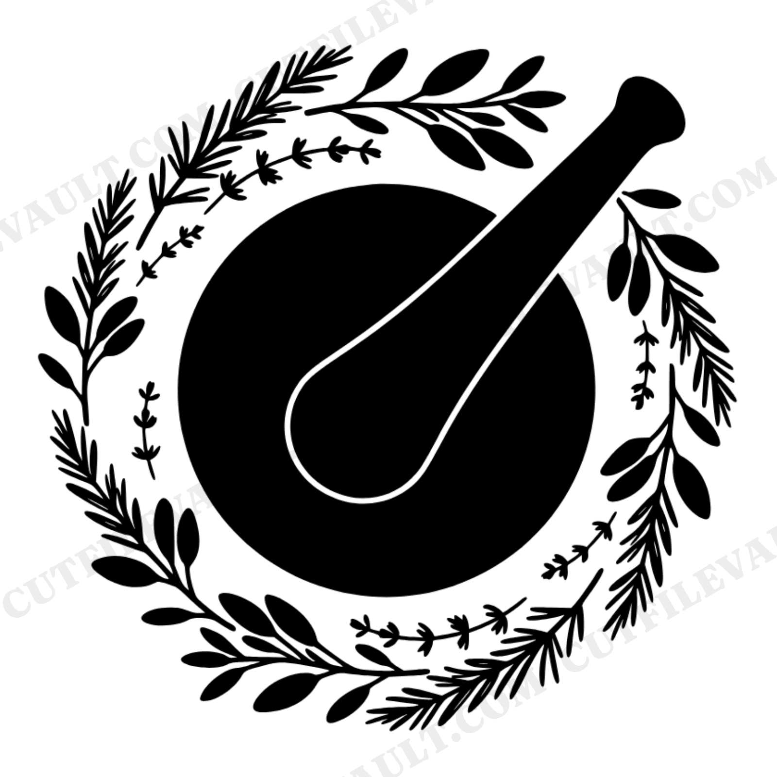 Mortar and Pestle SVG PNG, Herb Wreath Kitchen Witch Design, Boho Culinary Craft Cut File, view 1