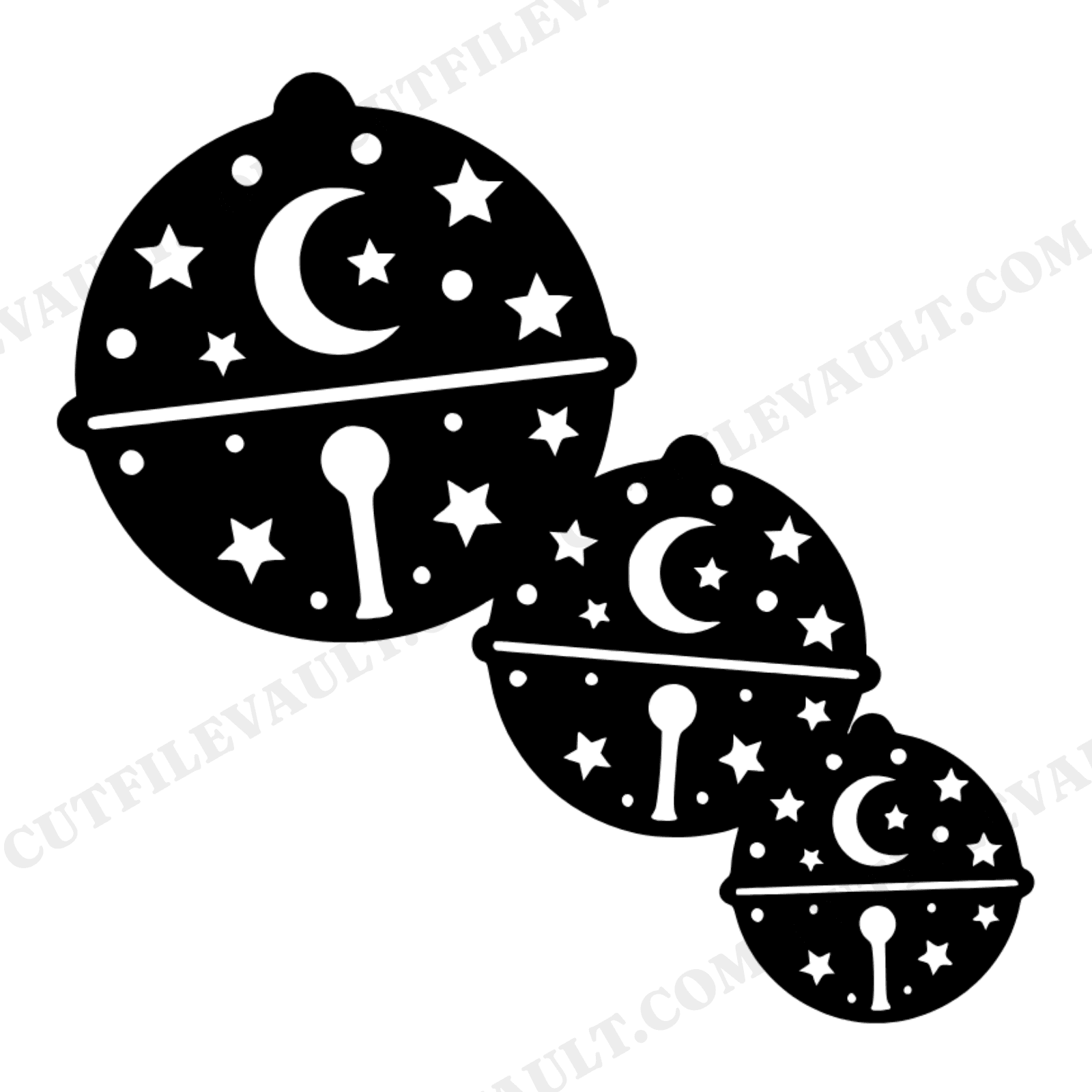 Mystical Cascade Sleigh Bells SVG PNG, Three Christmas Bells with Stars and Moons Cut File, view 1