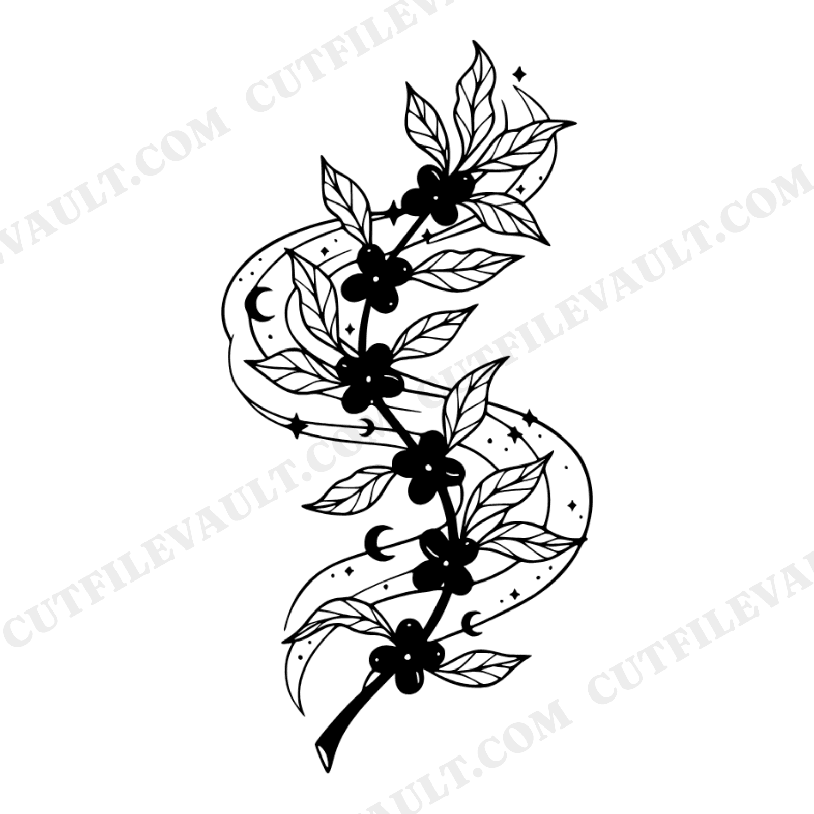 Mystical Coffee Branch SVG PNG, Celestial S Curve Coffee Plant, Coffee Cherries Leaves Cut File, view 1