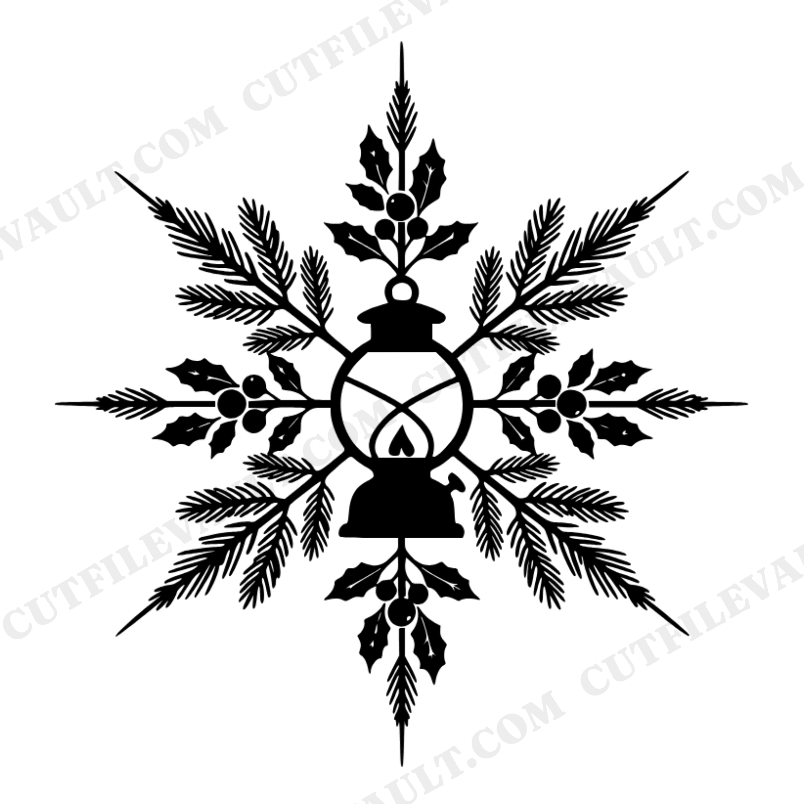 Nordic Christmas Camping Lantern SVG PNG, Overhead Star Light Rays, Winter Pine Berries Cut File, view 1