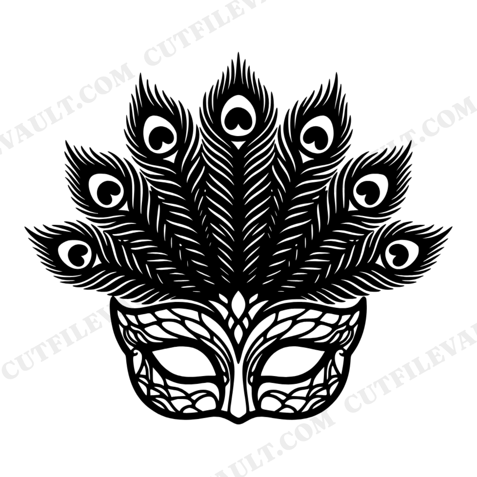 Peacock Feather Masquerade Mask SVG PNG, Elegant Symmetrical Silhouette Cut File for Cricut, view 1