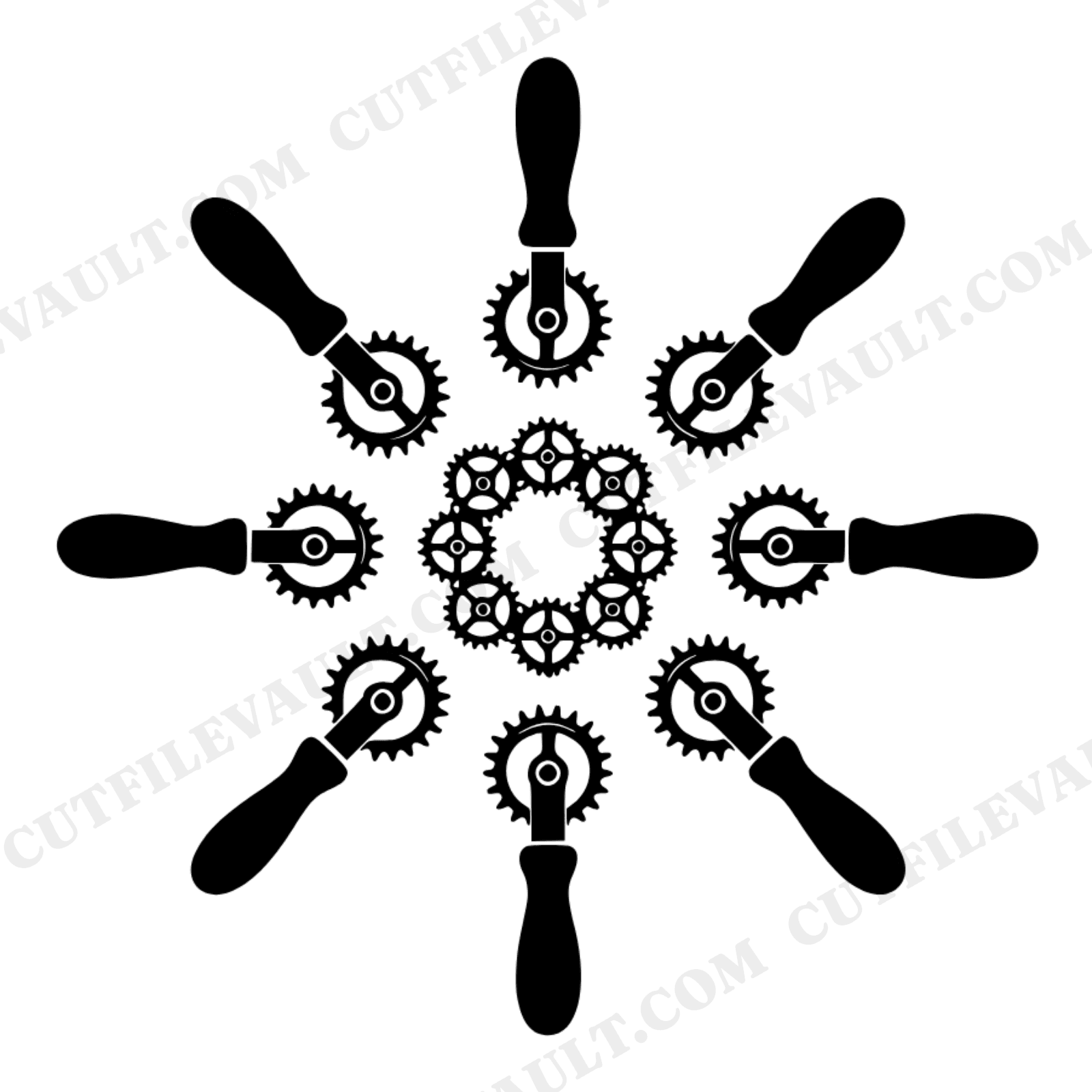 Pie Crimper Wreath SVG PNG, Vintage Baking Tools Sunburst, Thanksgiving Kitchen Decor Cut File, view 1