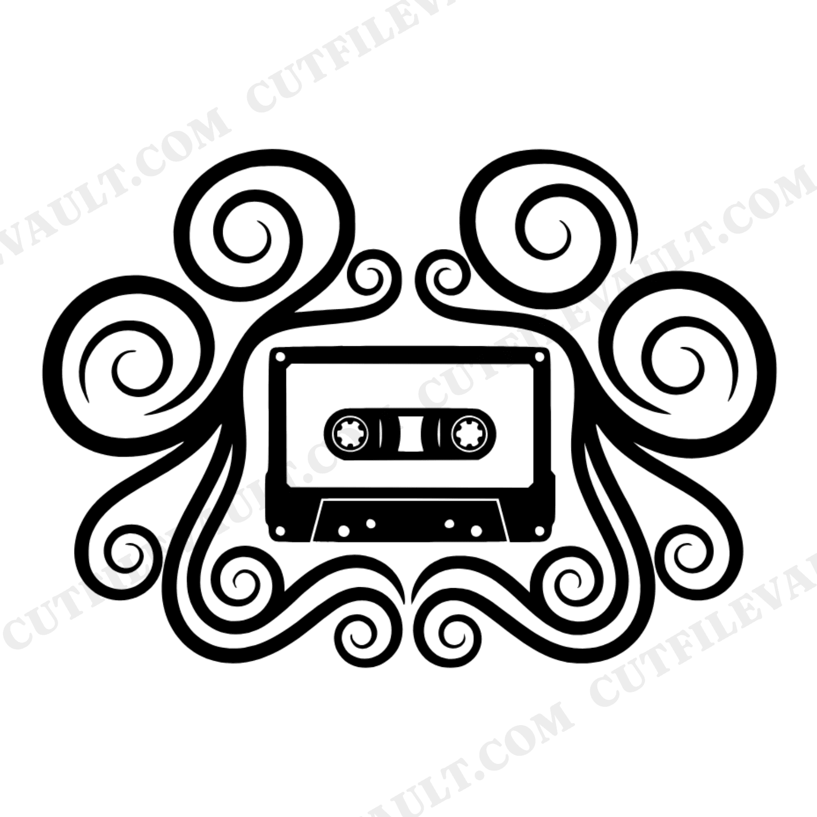 Retro Cassette Summer Solstice SVG PNG, 70s Boho Spiral Tape Cut File, Groovy Silhouette Design, view 1