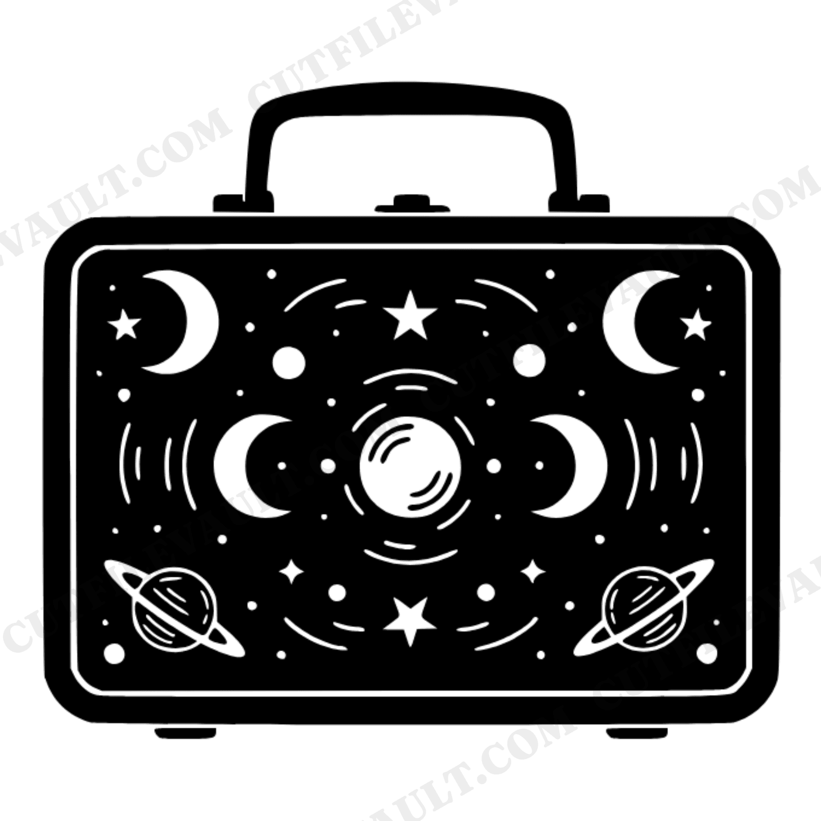 Retro Lunchbox SVG PNG, Celestial Mystical Lunch Box Opened Flat, 1950s Vintage Metal Lunchbox Cut File, view 1