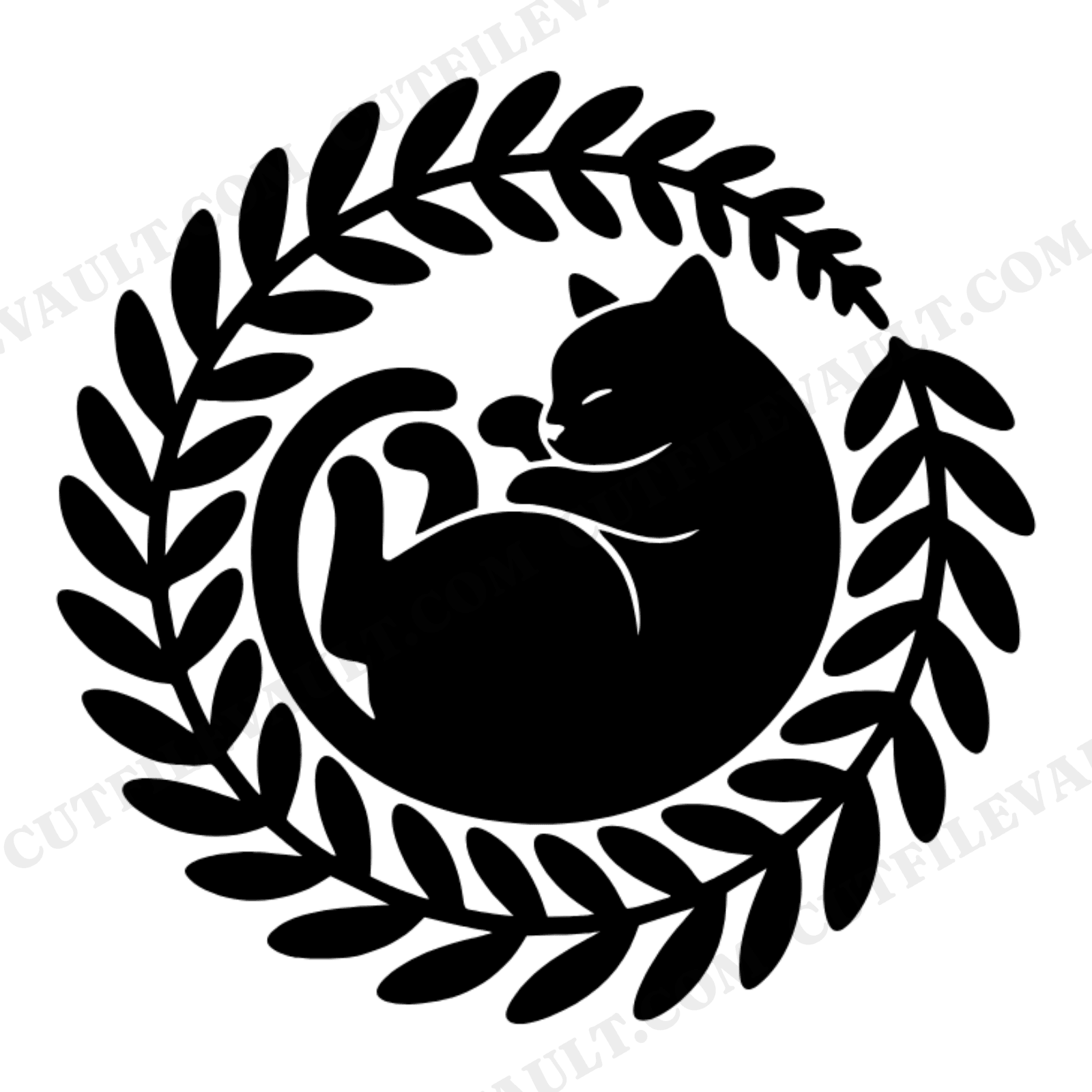 Sleeping Cat Fern Frond SVG PNG, Retro 70s Boho Woodland Cat Circle Cut File, Cottagecore Design, view 1