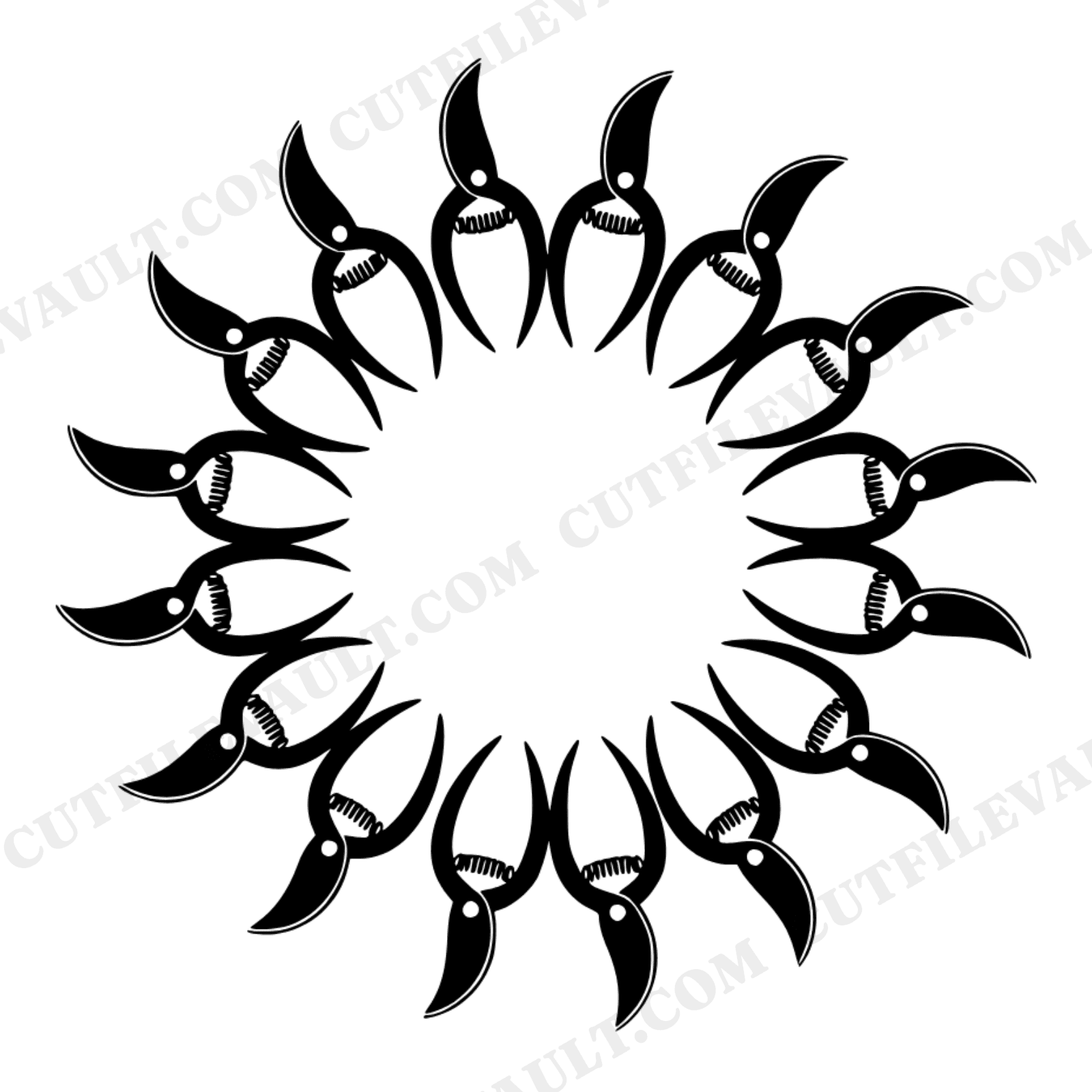 Spring Pruning Shears Wreath SVG PNG, Gardening Tool Emblem Cut File, Scandinavian Line Art Design, view 1