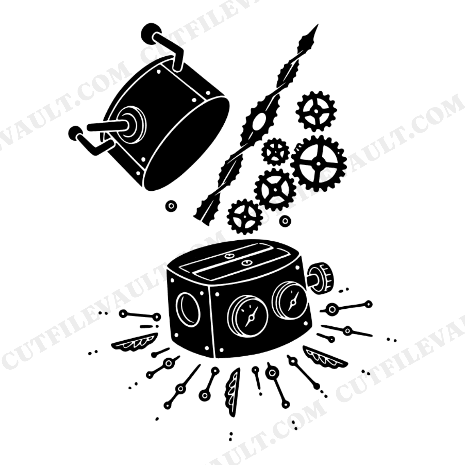 Steampunk Pencil Sharpener SVG PNG Exploded Diagram Cut File Victorian Mechanical Gear Line Art, view 1