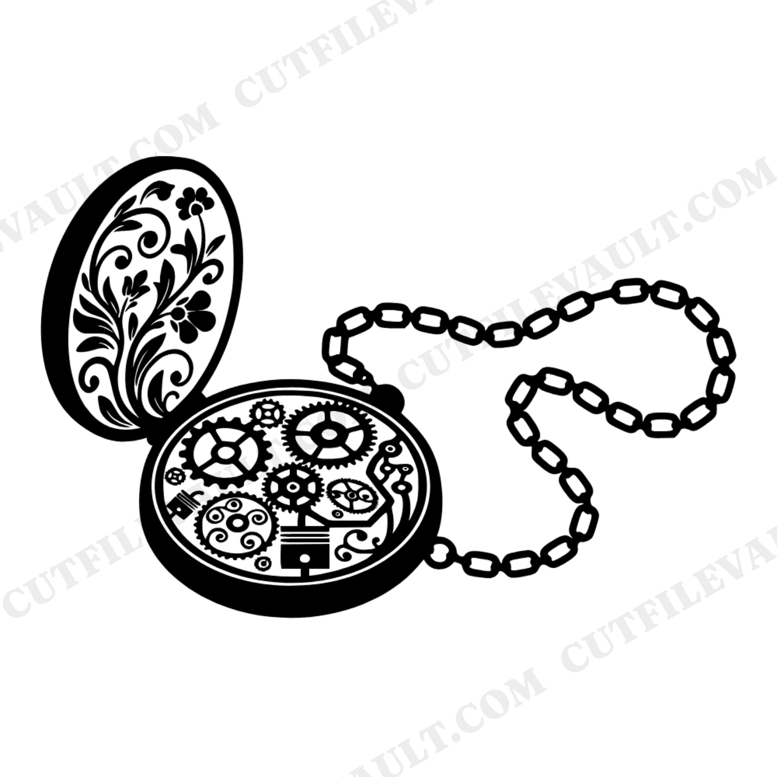 Steampunk Pocket Watch SVG PNG, Botanical Gears Cut File, Vintage Father's Day Design, view 1