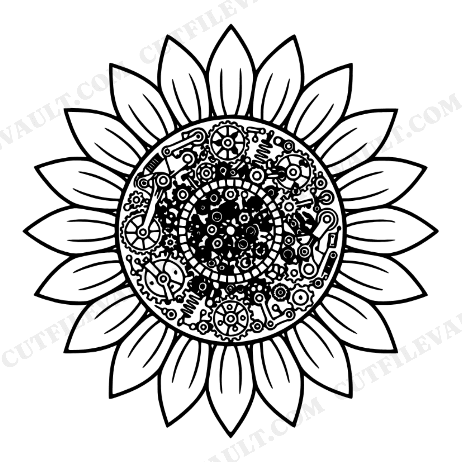 Steampunk Sunflower SVG PNG, Clockwork Medallion Cut File, Scandinavian Line Art Flower Design, view 1