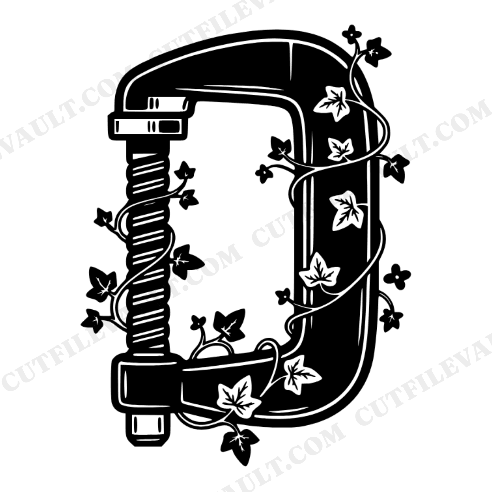 Summer C Clamp SVG with Floral Vines PNG, Woodworking Tool Shadow Silhouette Cut File Cottagecore, view 1