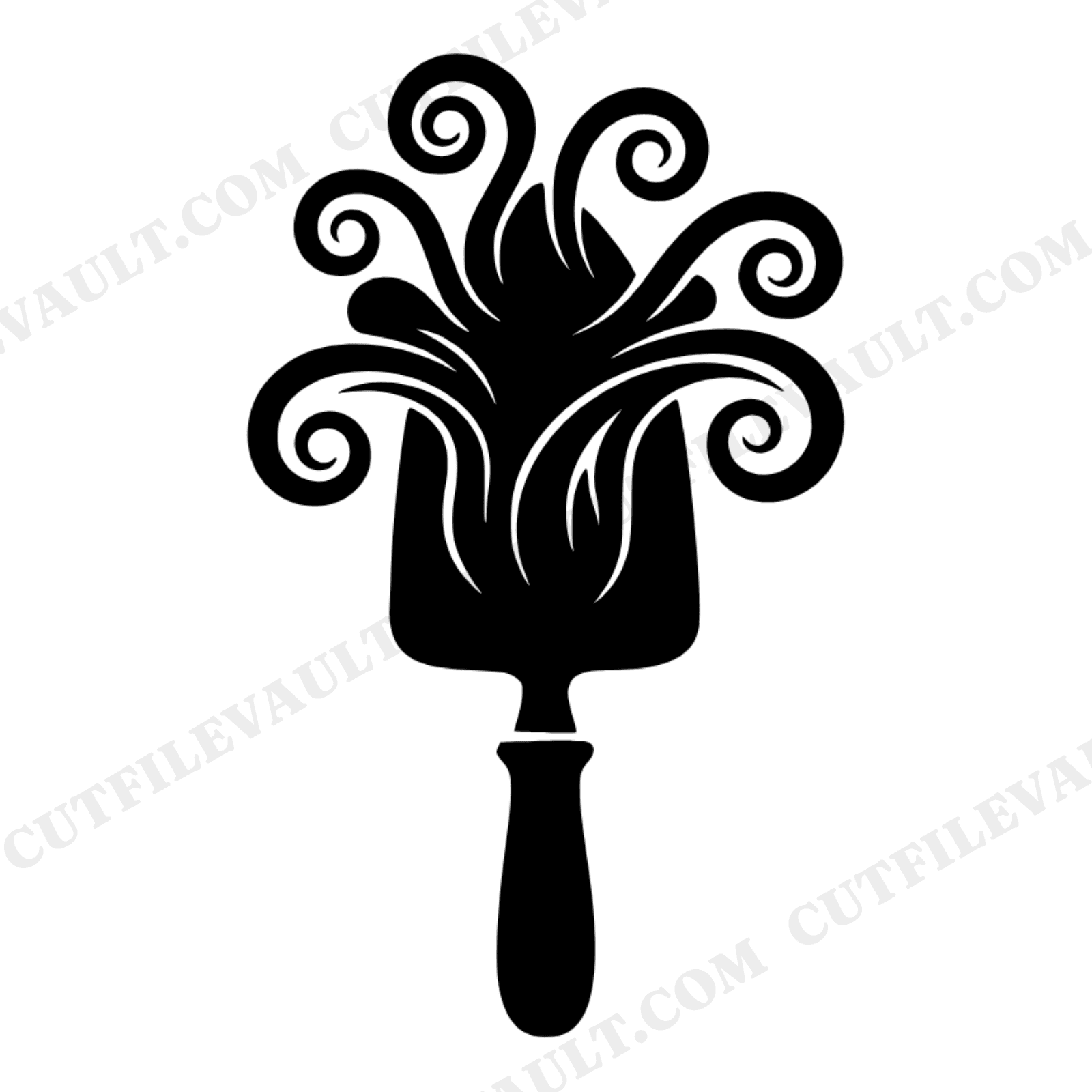 Summer Garden Trowel SVG PNG, Art Nouveau Flowing Soil Ribbons Cut File, Gardening Design Digital, view 1