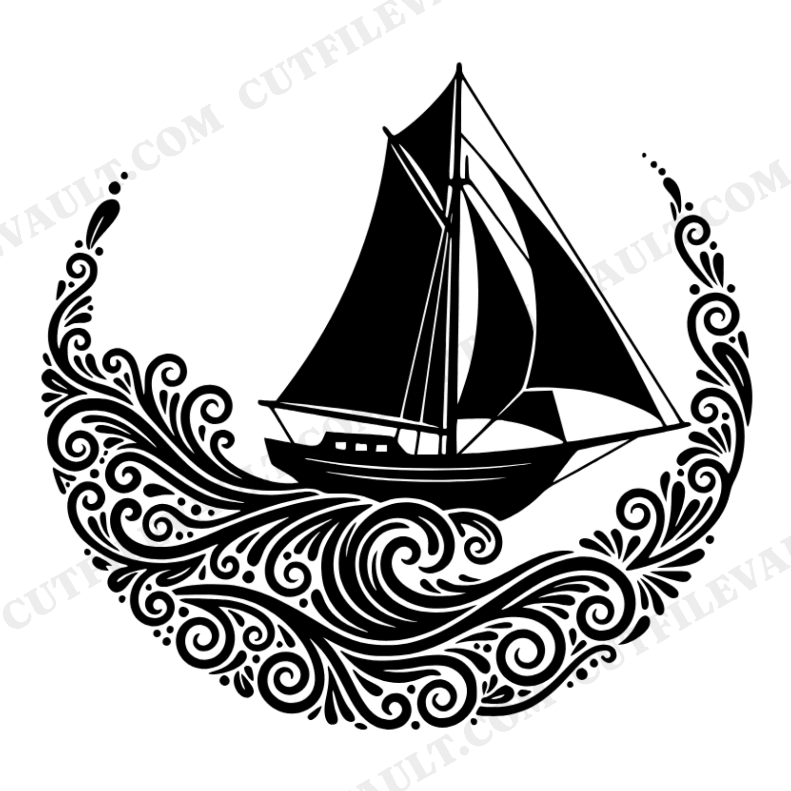 Summer Sailboat SVG PNG, Ornamental Wave Border, Boho Coastal Nautical Cut File for Cricut, view 1