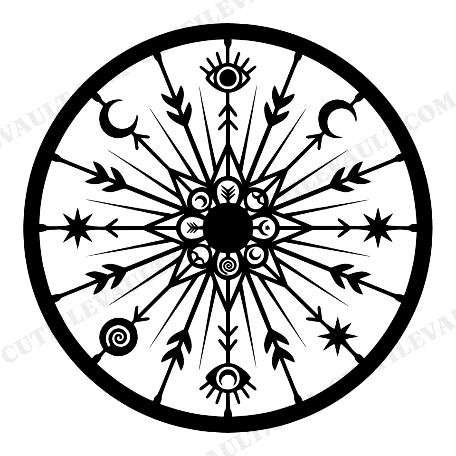 Summer Solstice Bicycle Wheel Mandala SVG PNG, Celestial Bike Mandala Cut File, Mystical Sun Ray Design, view 1
