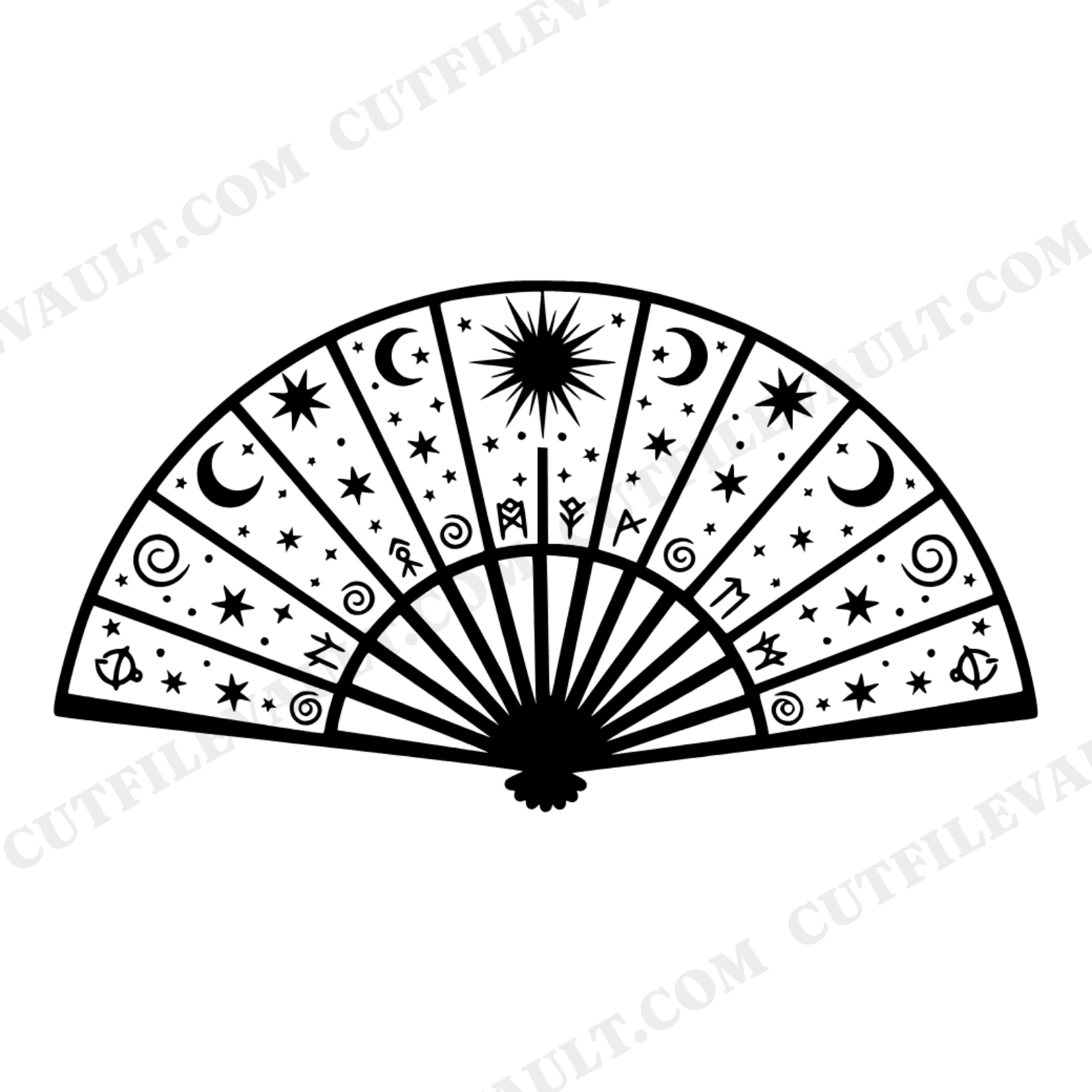 Summer Solstice Celestial Fan SVG PNG, Mystical Folding Fan Silhouette Cut File, Mandala Design, view 1