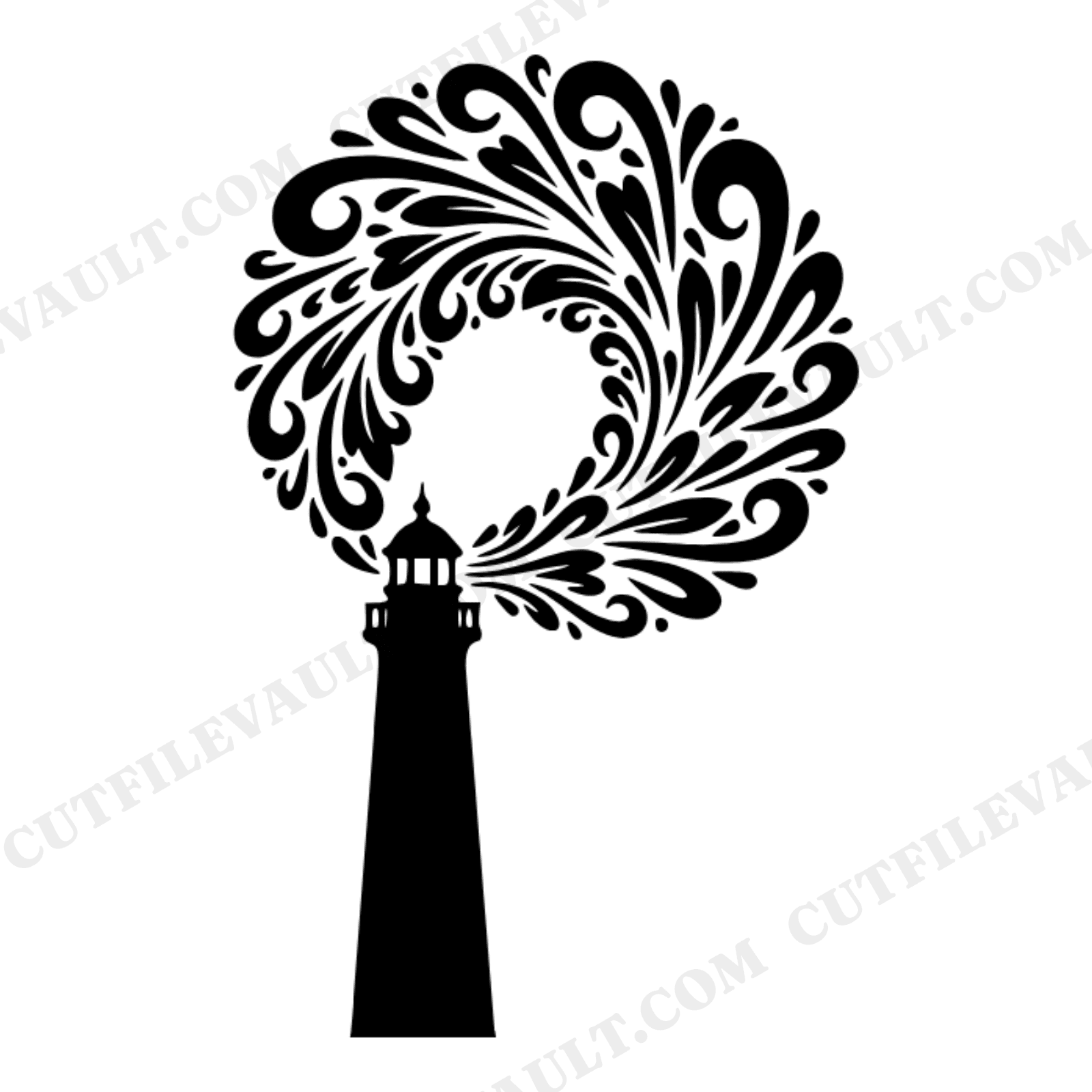 Summer Solstice Lighthouse SVG PNG, Vintage Botanical Coastal Cut File, Spiral Light Beam Silhouette, view 1
