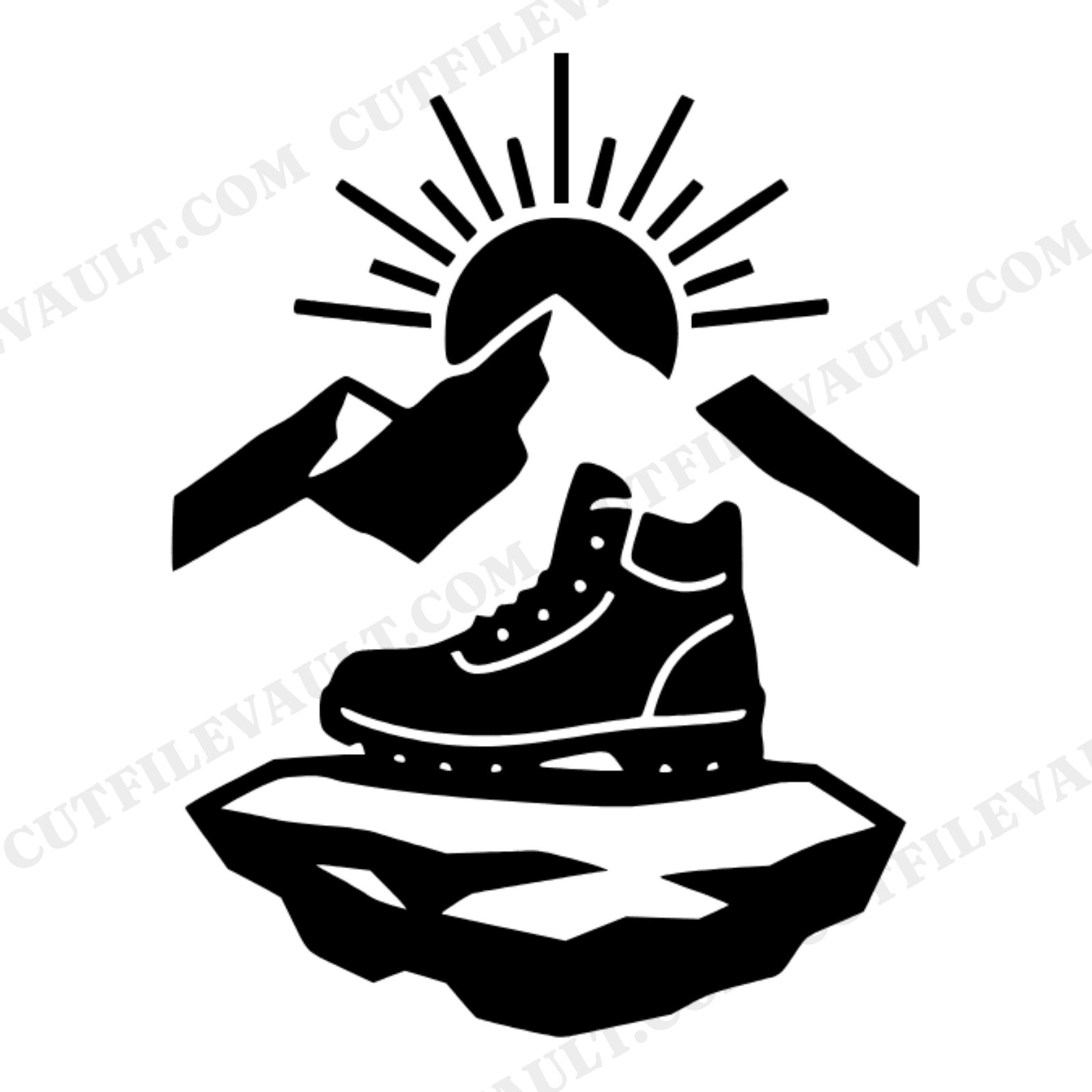Summit Solstice Hiking Boot Mountain Sunrise SVG PNG, Scandinavian Line Art Cut File Outdoor Adventure, view 1