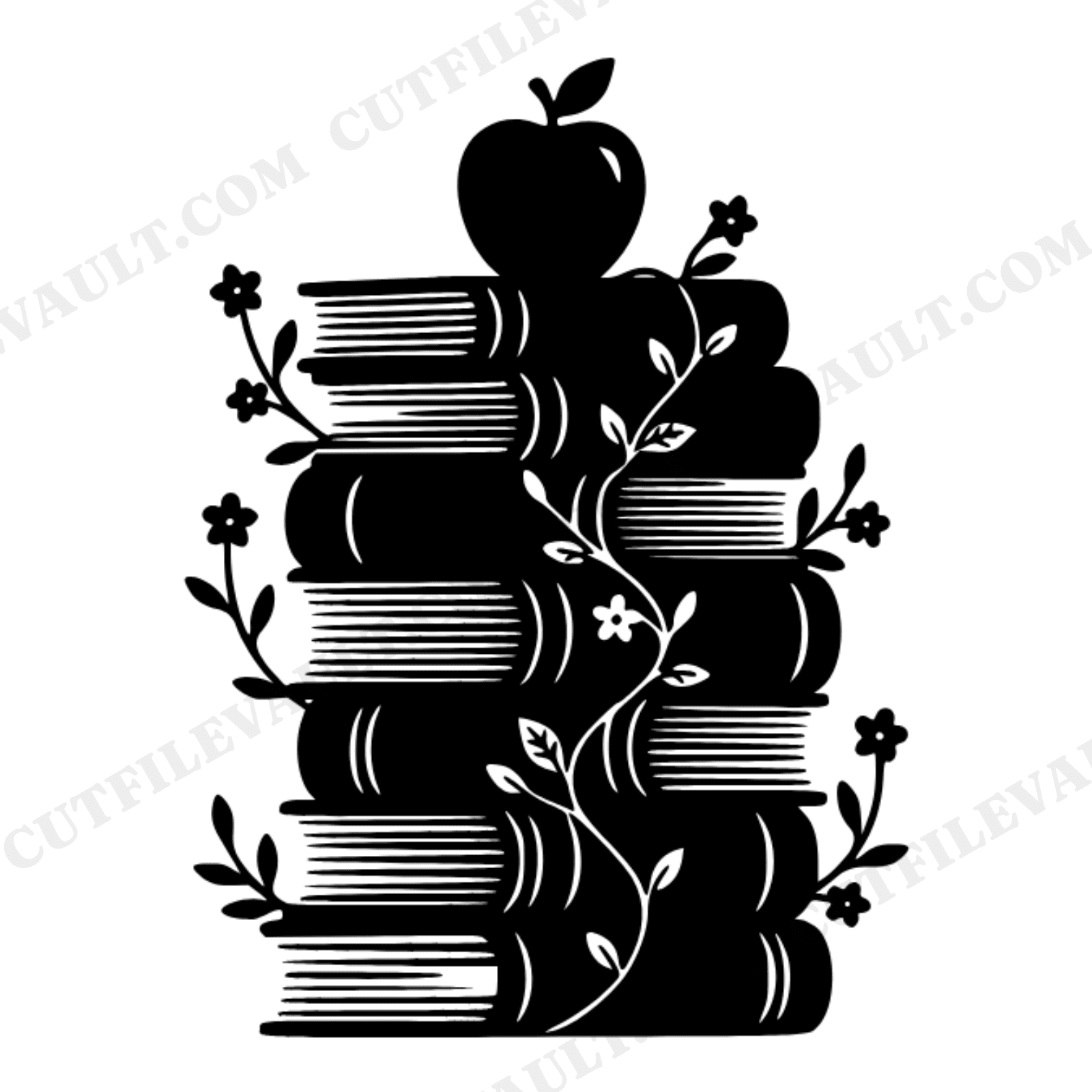 Teacher Appreciation SVG PNG, Stacked Books with Apple Silhouette, Cottagecore Floral Cut File, view 1