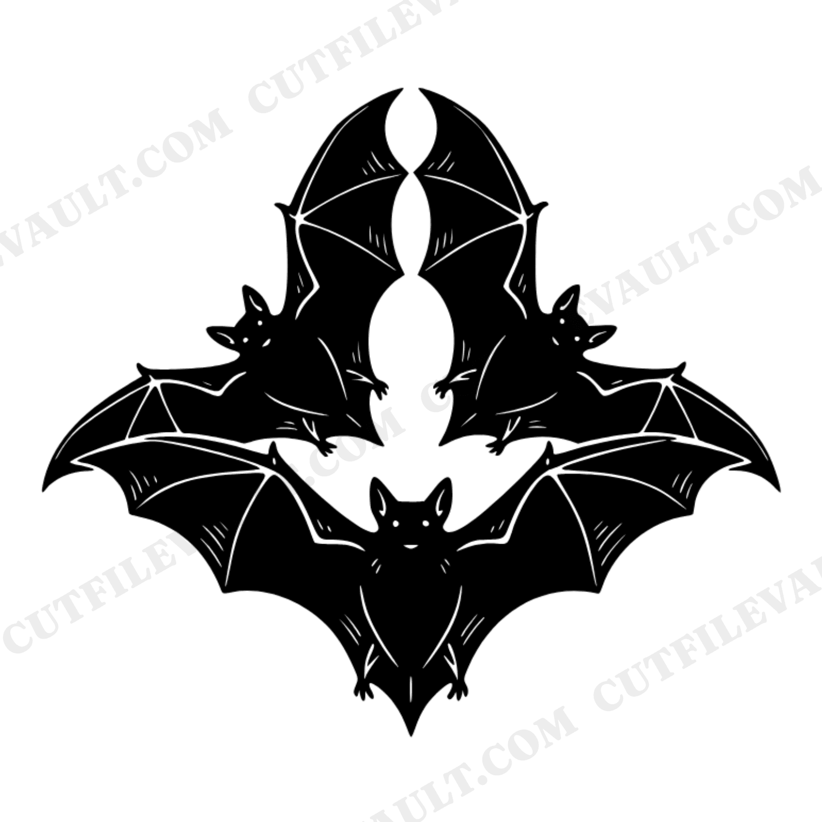 Three Bats Rising Moon Formation SVG PNG, Celestial Halloween Bat Cut File, Mystical Flying Bats, view 1