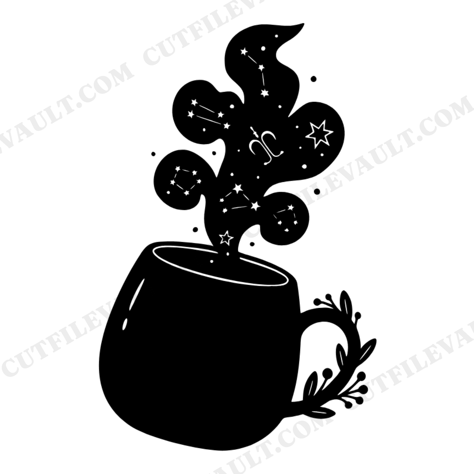 Tilted Coffee Mug SVG with Constellation Steam, Cottagecore Coffee Lover Cut File PNG, view 1