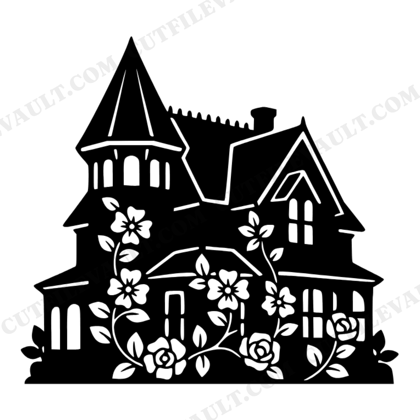 Victorian Mansion Turret SVG PNG, Climbing Roses Silhouette, Cottagecore Halloween Decor Cut File, view 1