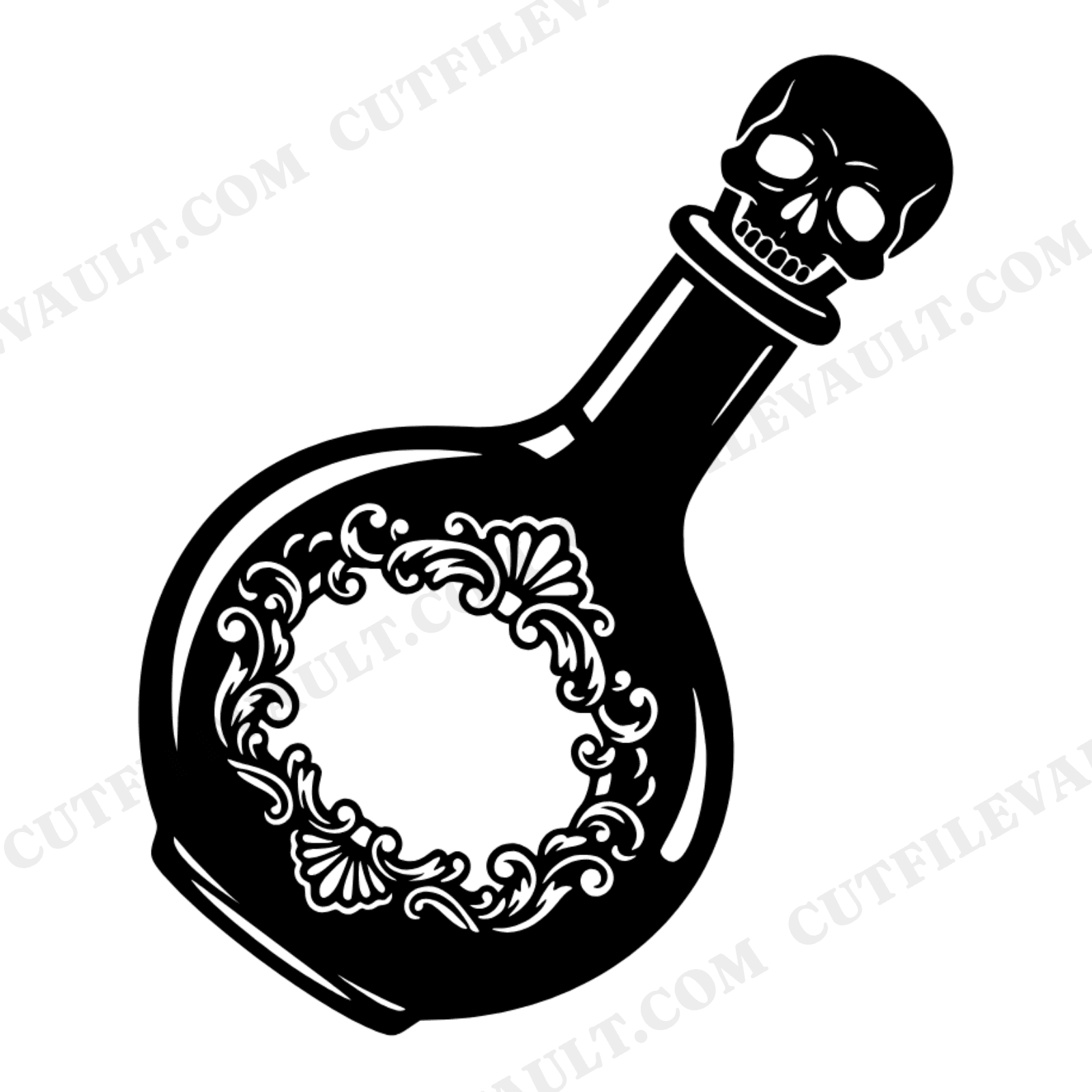 Vintage Apothecary Poison Bottle SVG PNG, Gothic Skull Stopper Silhouette, Halloween Monogram Frame, view 1