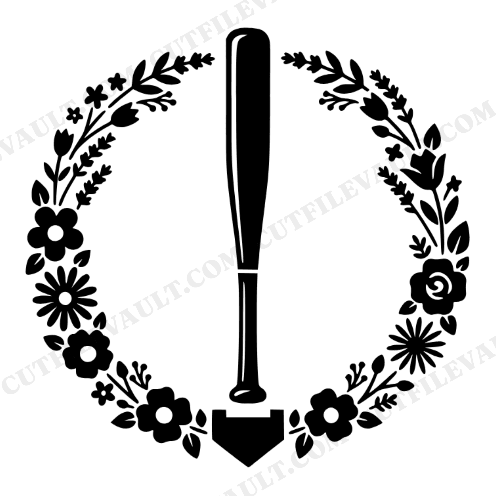 Vintage Baseball Bat SVG PNG, Floral Wreath Home Plate Cut File, Cottagecore Father's Day Design, view 1