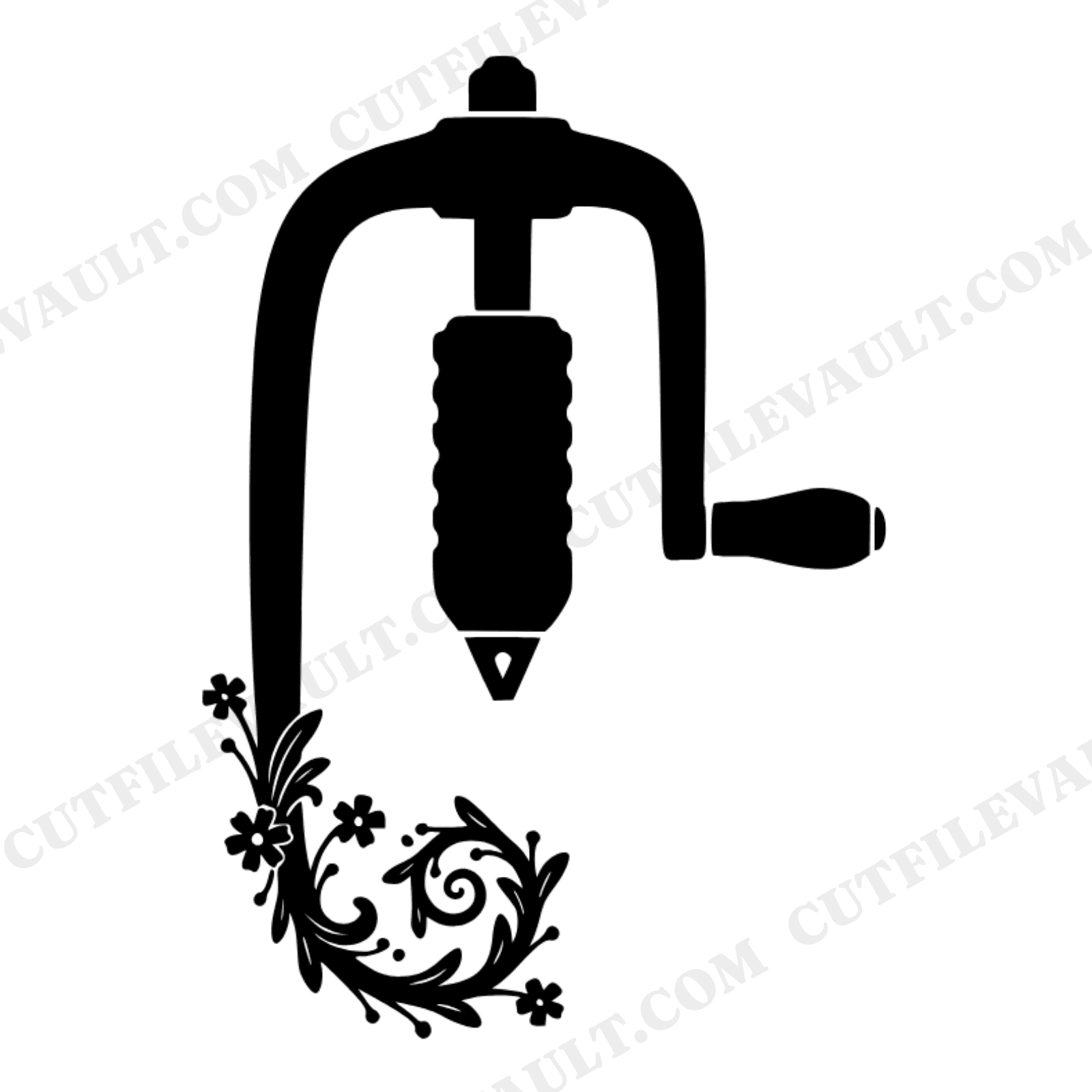 Vintage Brace Drill SVG PNG, Cottagecore Floral Tool Cut File, Carpenter Craftsmanship Design, view 1