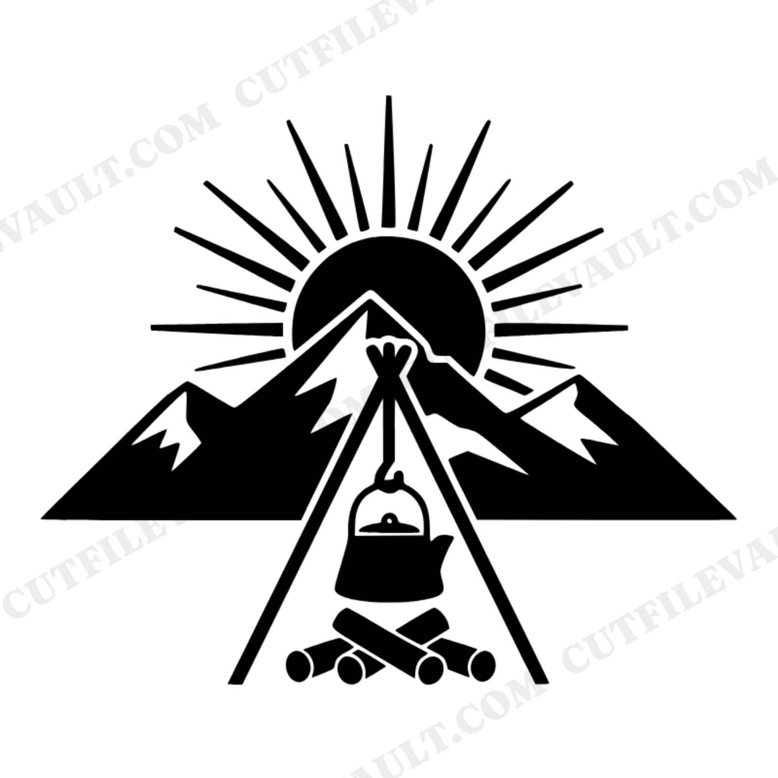 Vintage Campfire Tripod Kettle SVG PNG, Art Deco Mountain Sunrise Camping Cut File Silhouette, view 1