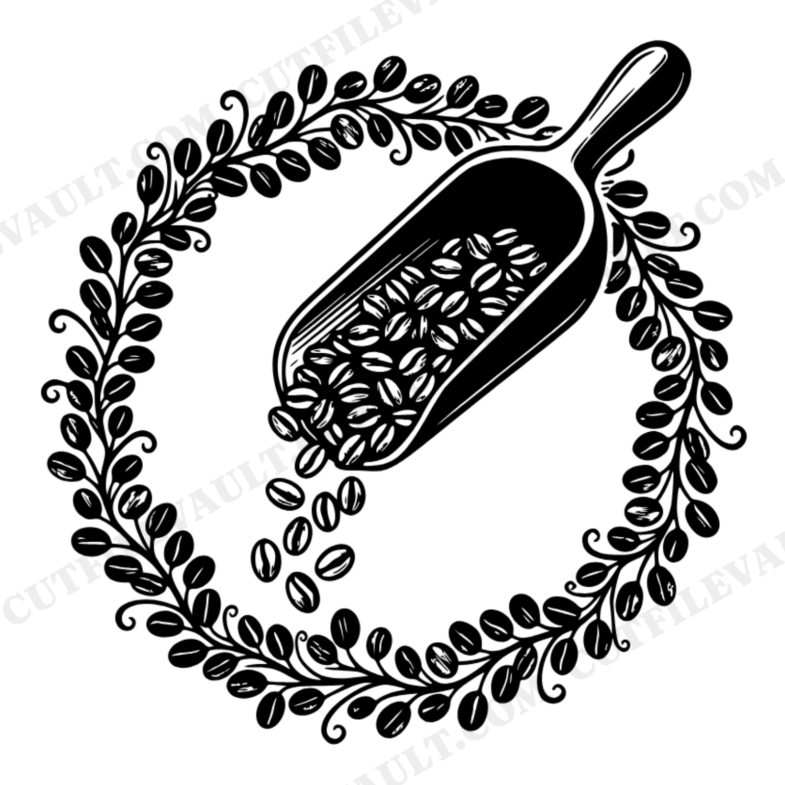 Vintage Coffee Scoop SVG PNG, Coffee Bean Wreath Cut File, Cottagecore Kitchen Decor Design, view 1