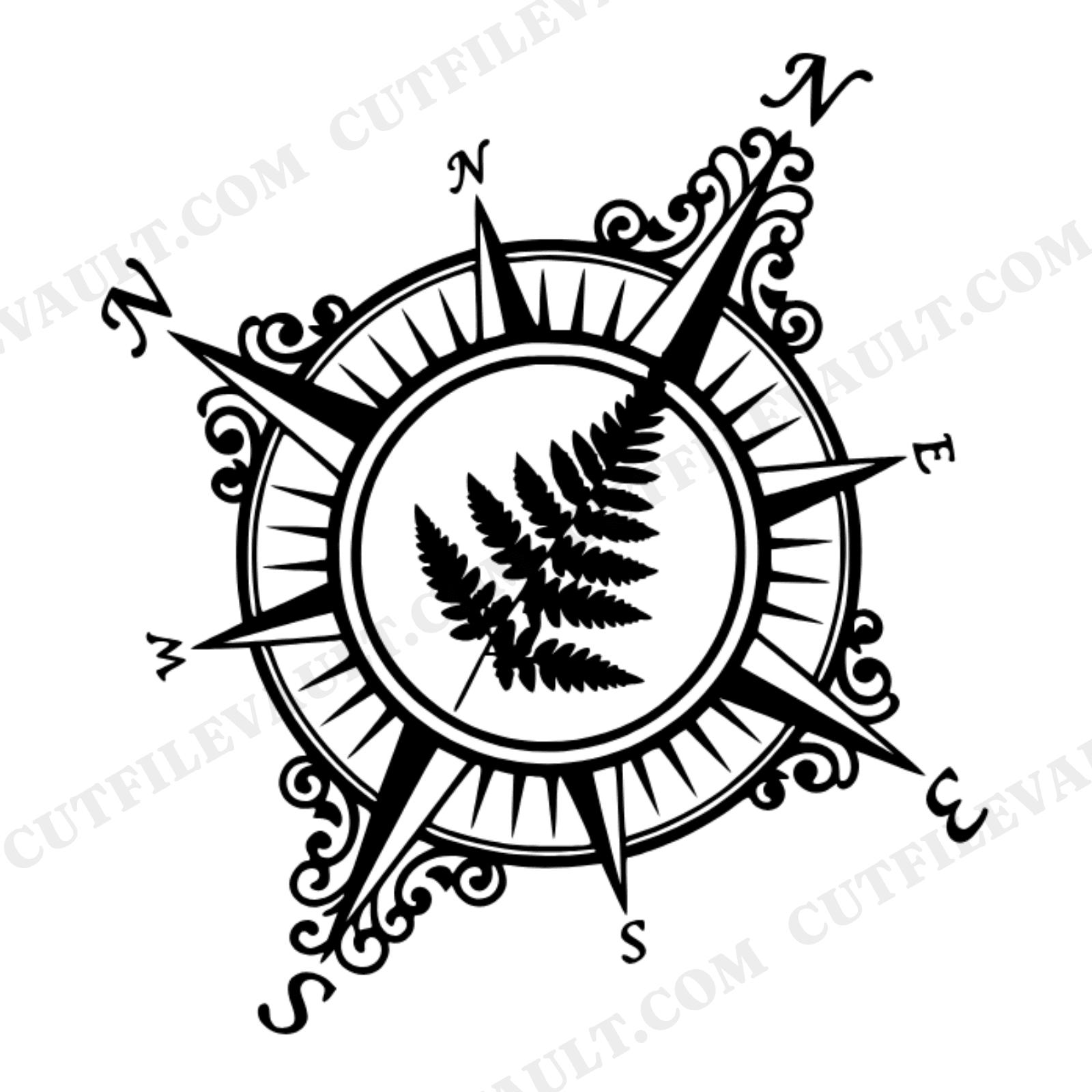 Vintage Compass Rose Fern SVG PNG, Father's Day Botanical Cut File, Cottagecore Adventure Design, view 1