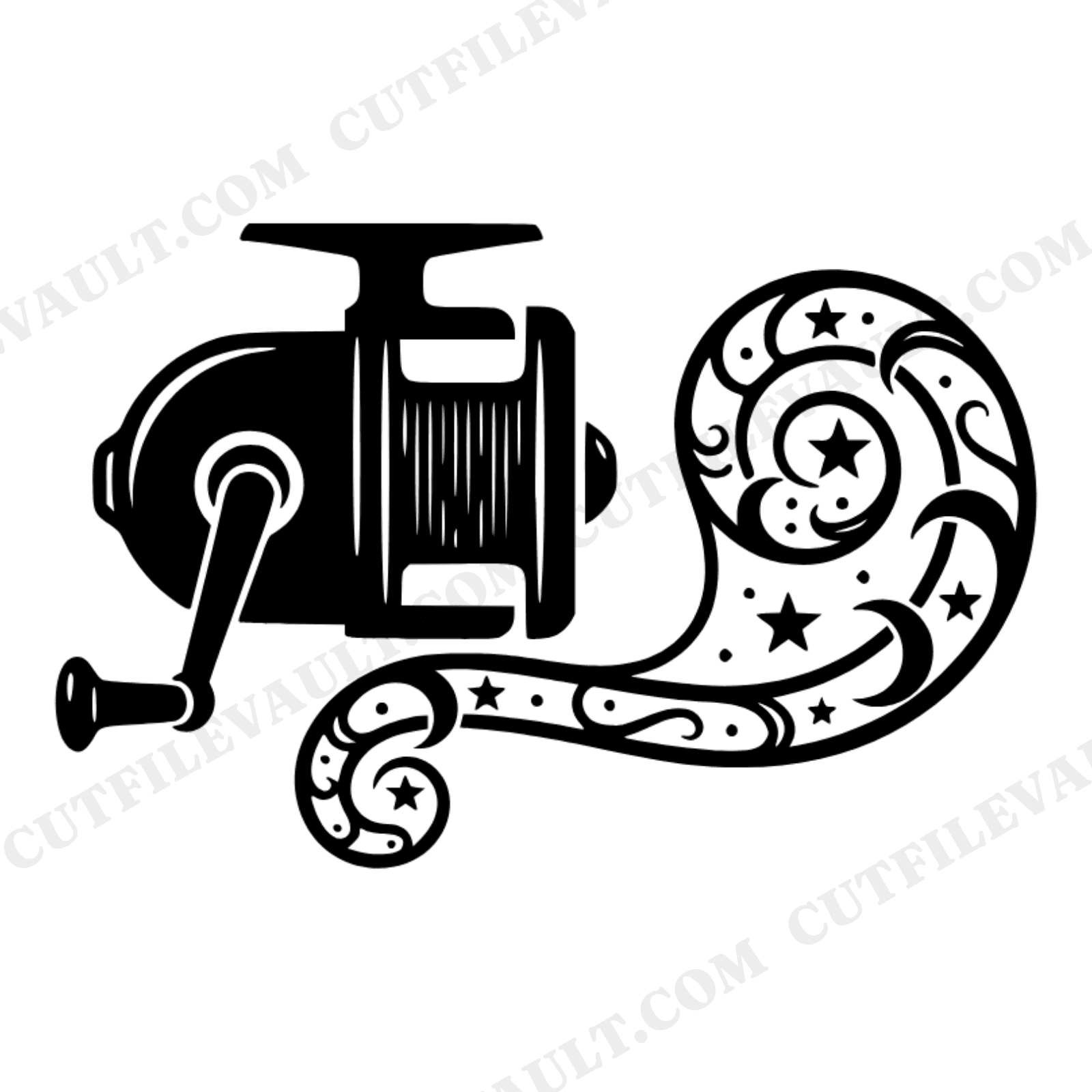 Vintage Fishing Reel SVG PNG, Celestial Moon Stars Fishing Line Cut File, Father's Day SVG Gift, view 1