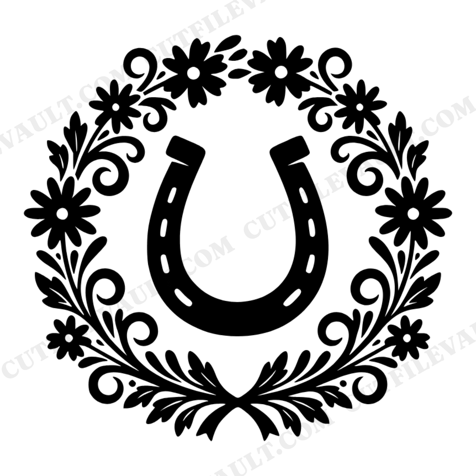 Vintage Horseshoe Wildflower Wreath SVG PNG Wedding Emblem Cut File Scandinavian Line Art, view 1