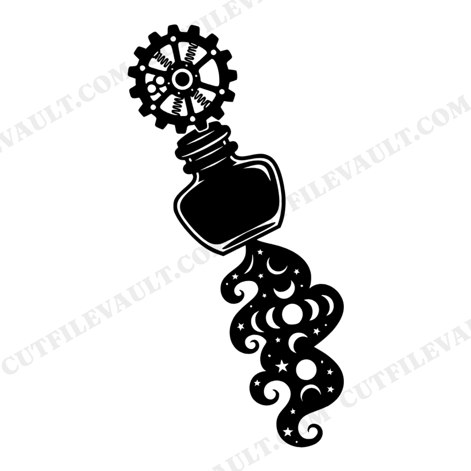Vintage Inkwell Bottle SVG PNG, Steampunk Gear Cap, Celestial Teacher Appreciation Cut File, view 1