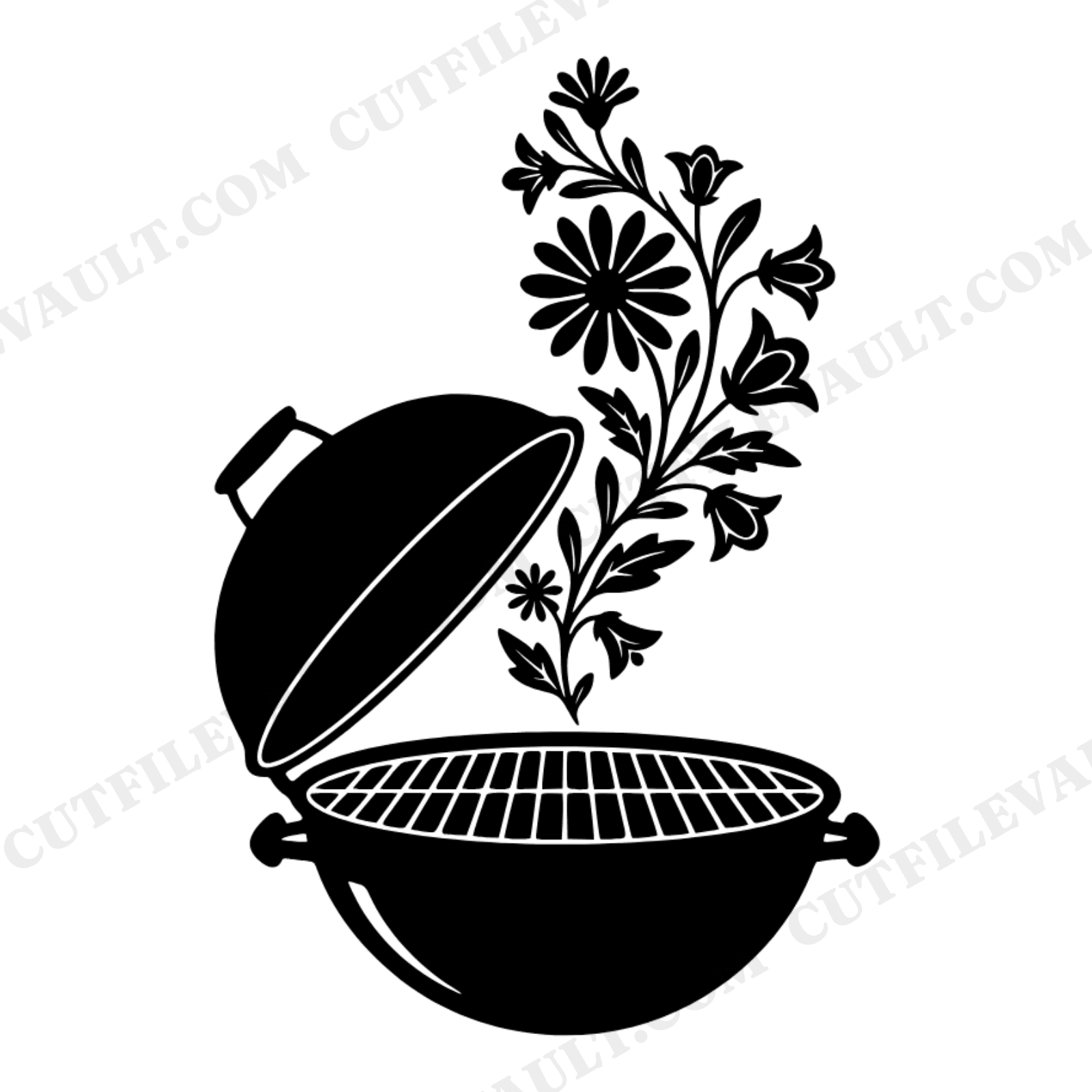 Vintage Kettle Grill SVG PNG, Wildflower BBQ Smoke Trails, Cottagecore Father's Day Cut File, view 1
