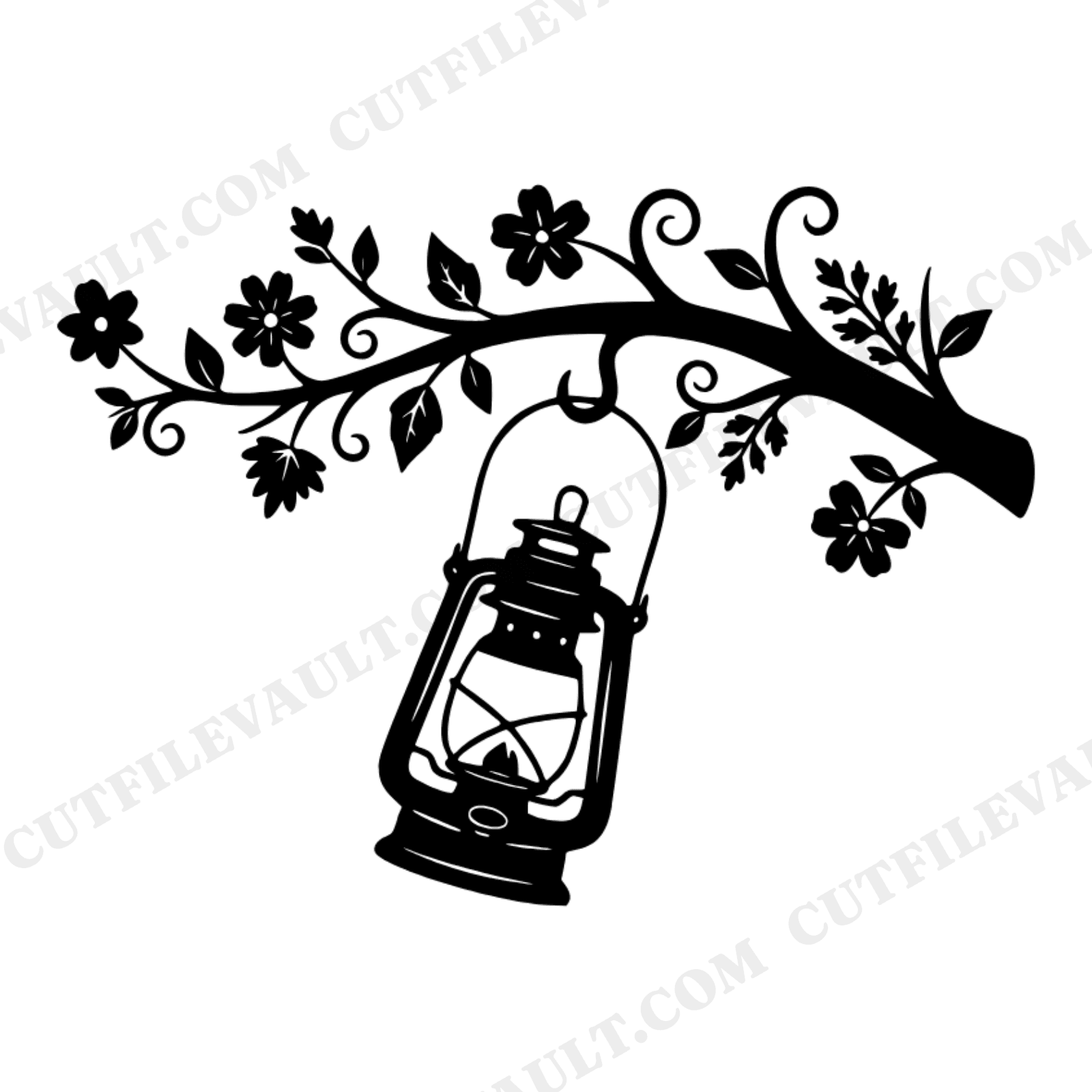 Vintage Lantern on Flowering Branch SVG PNG Father's Day Cottagecore Camping Cut File, view 1