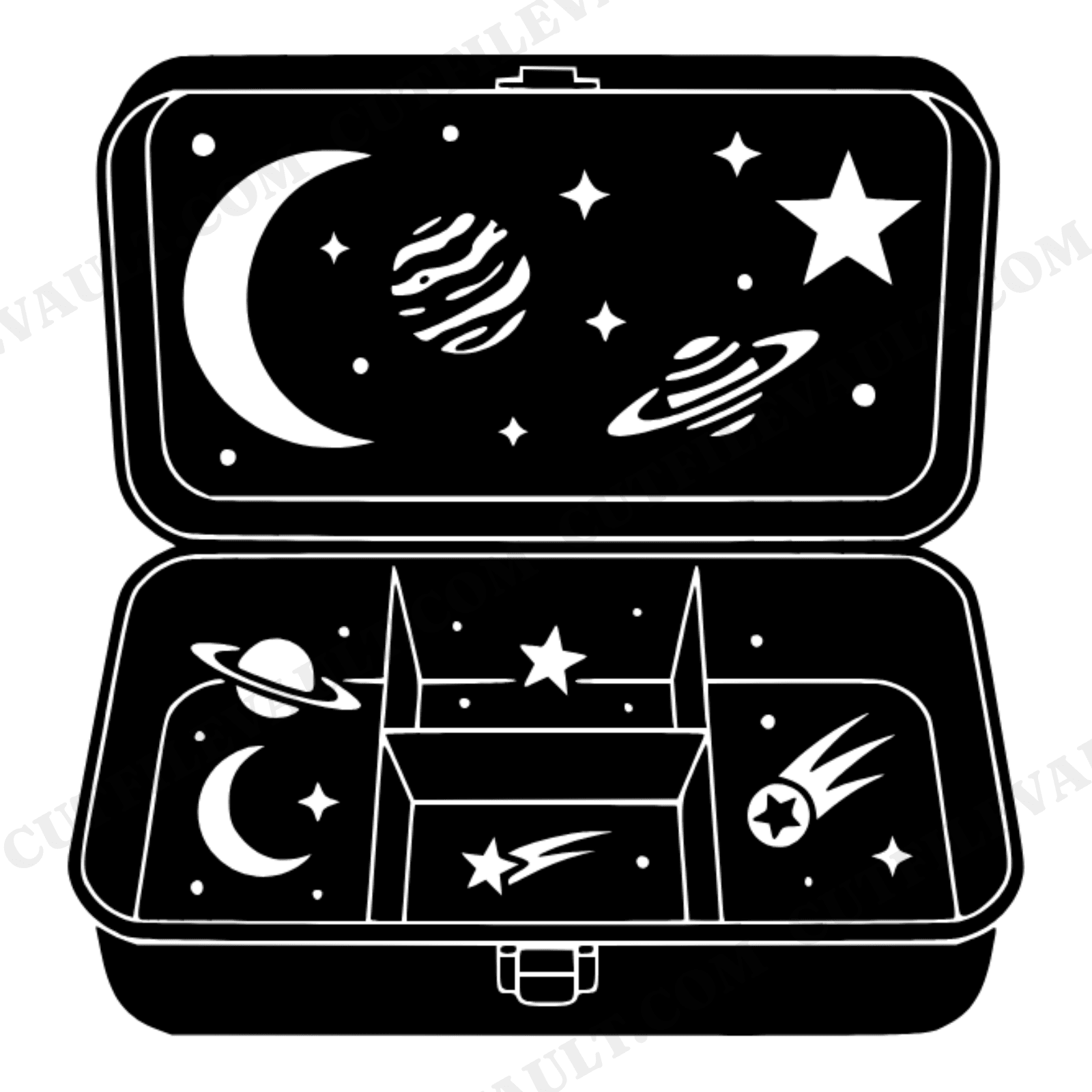Vintage Lunchbox SVG PNG, Celestial Lunchbox Opened Flat Cut File, Retro School Mystical Design, view 1