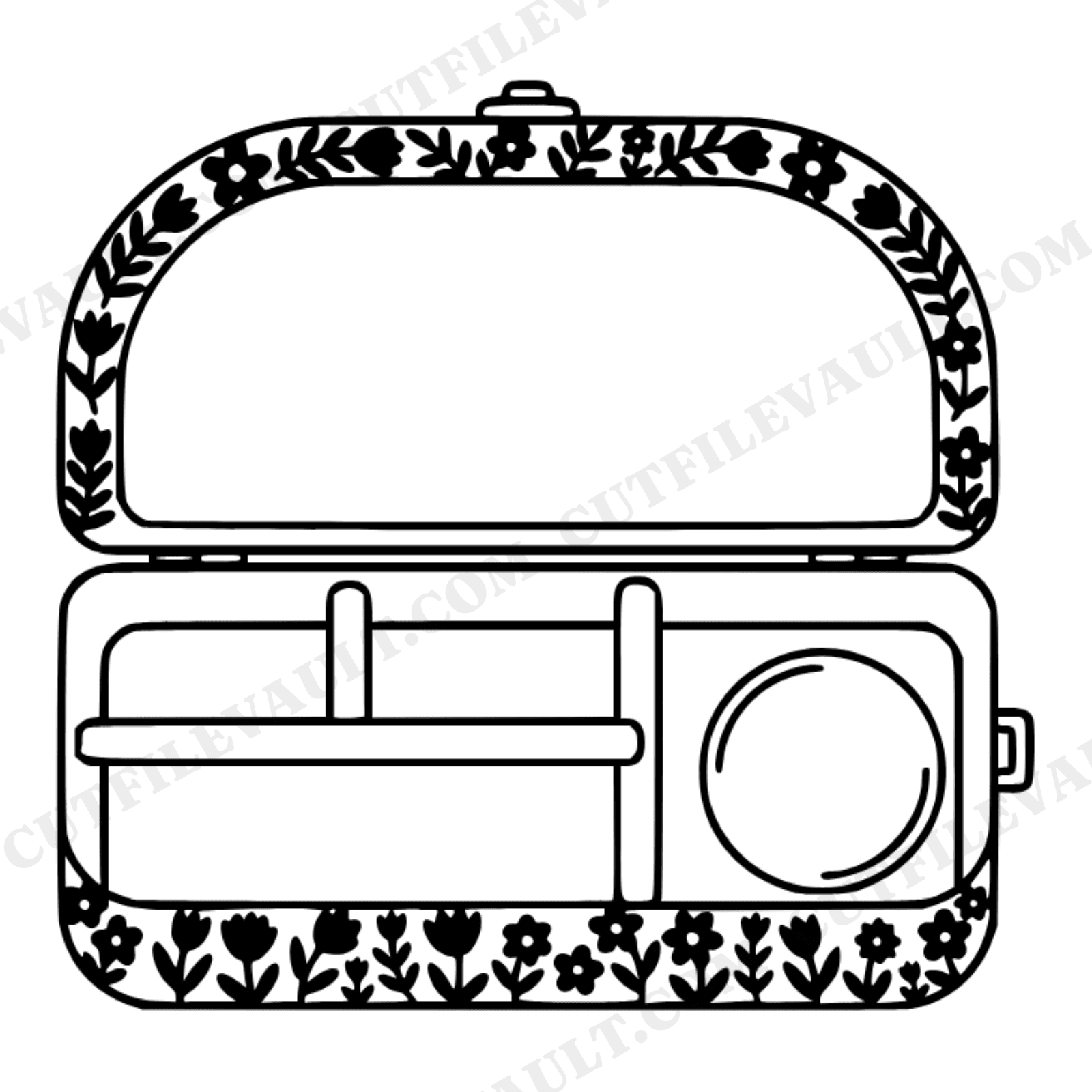 Vintage Lunchbox SVG PNG Open Clamshell View Cottagecore Floral Retro 1950s Metal Lunch Box Cut File, view 1