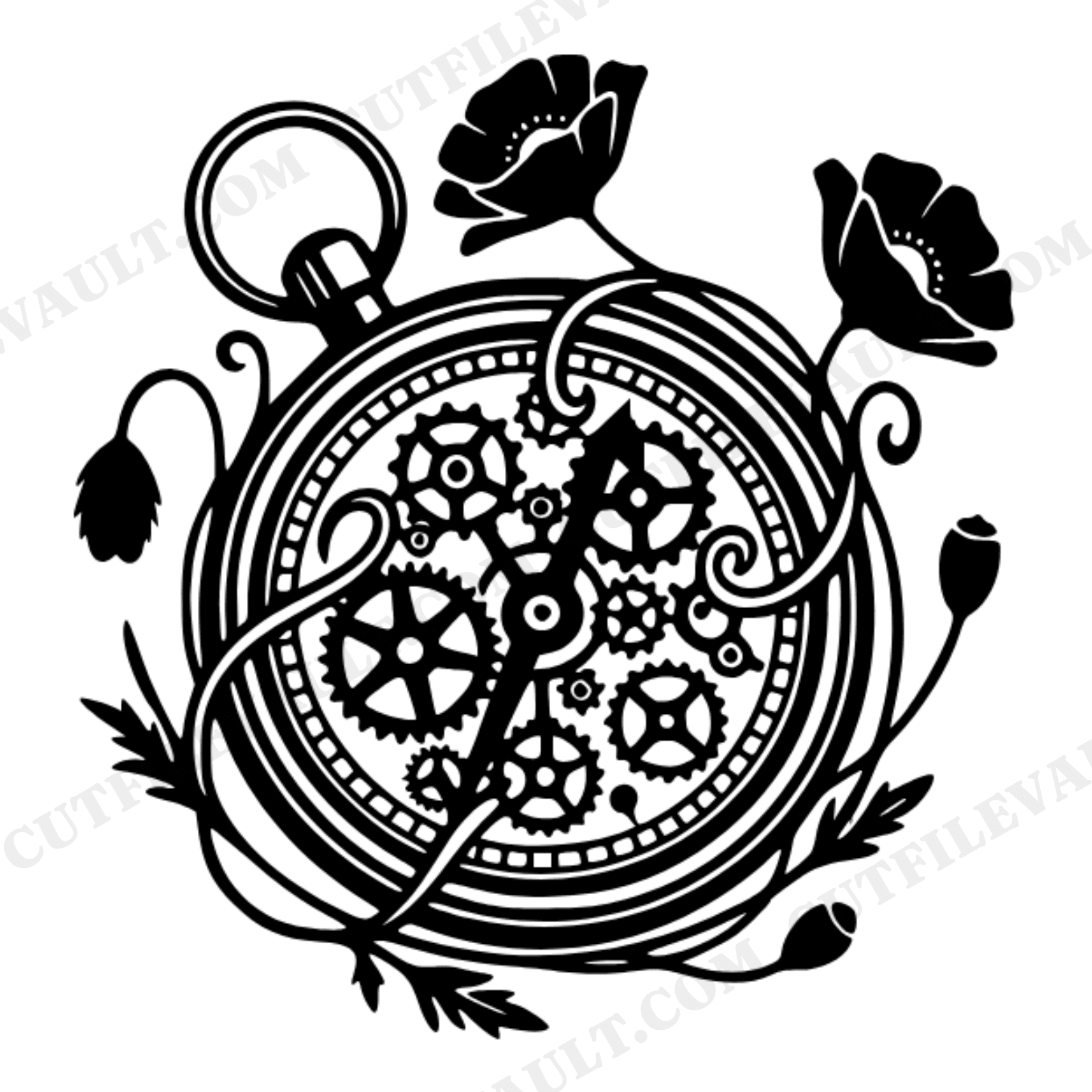 Vintage Military Compass SVG PNG, Poppy Flowers Steampunk Gears, Memorial Day Cut File Design, view 1