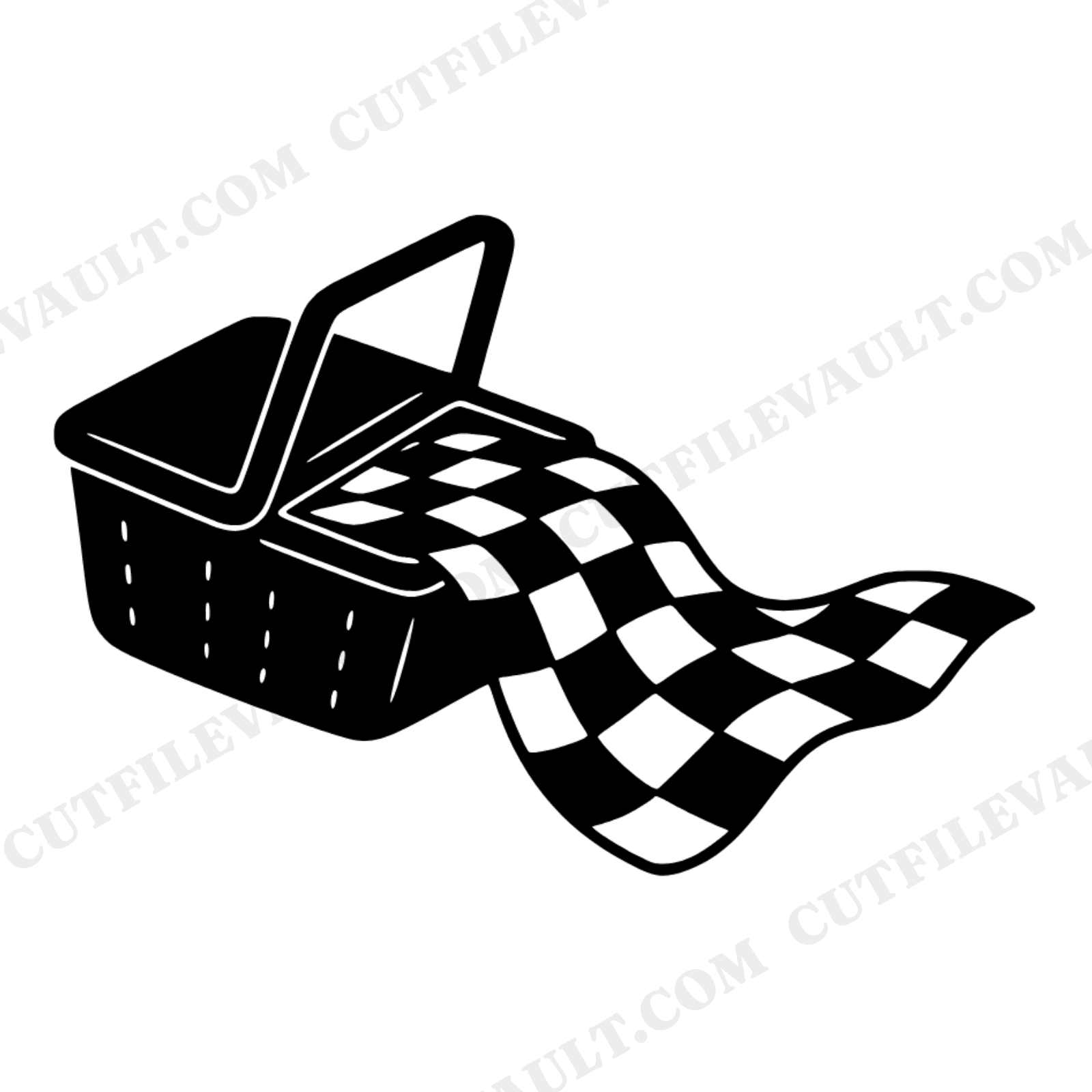 Vintage Picnic Hamper SVG PNG, Retro 70s Wicker Basket with Checkered Blanket, Picnic Day Cut File, view 1