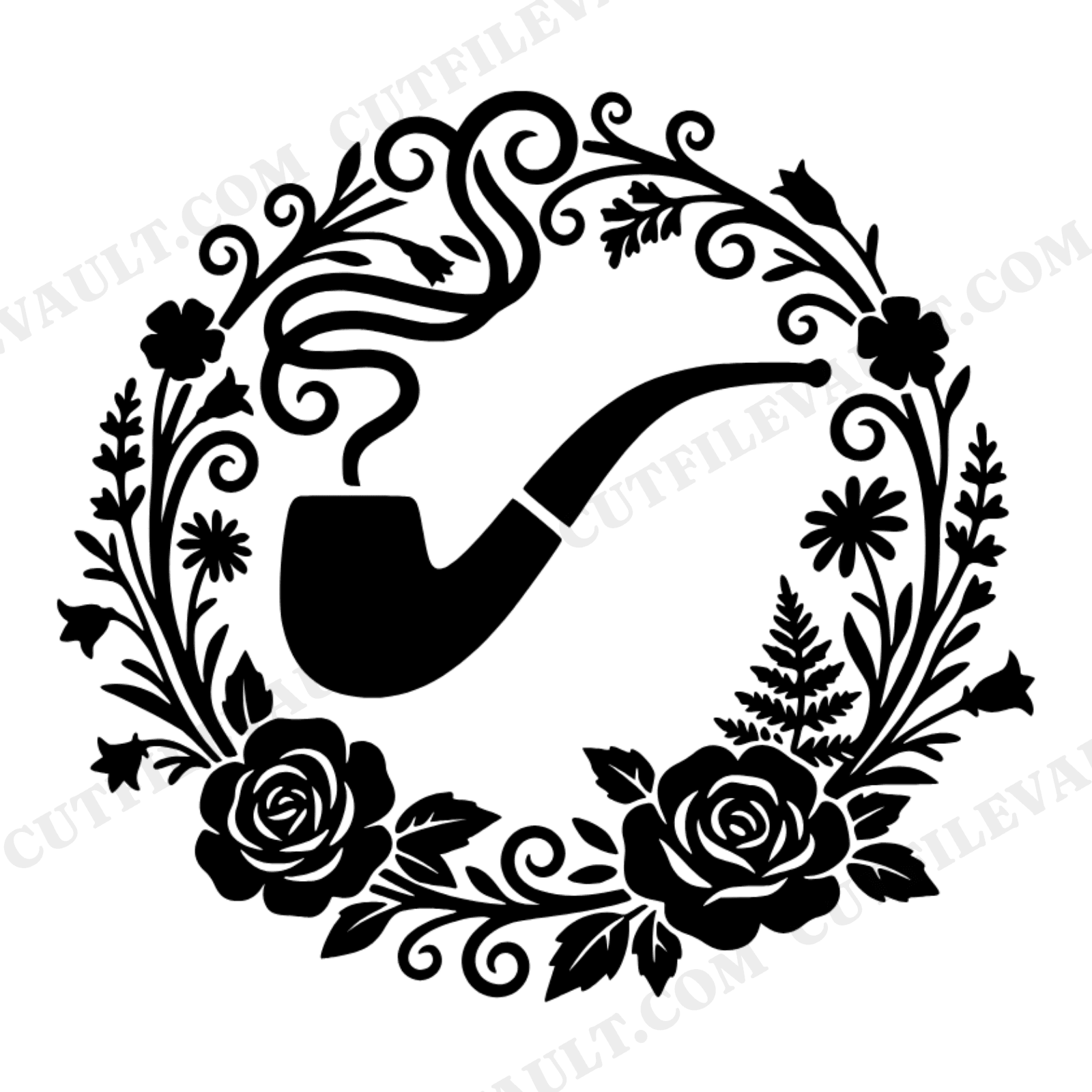 Vintage Pipe Smoke Wreath Monogram Frame SVG PNG, Cottagecore Floral Father's Day Cut File, view 1