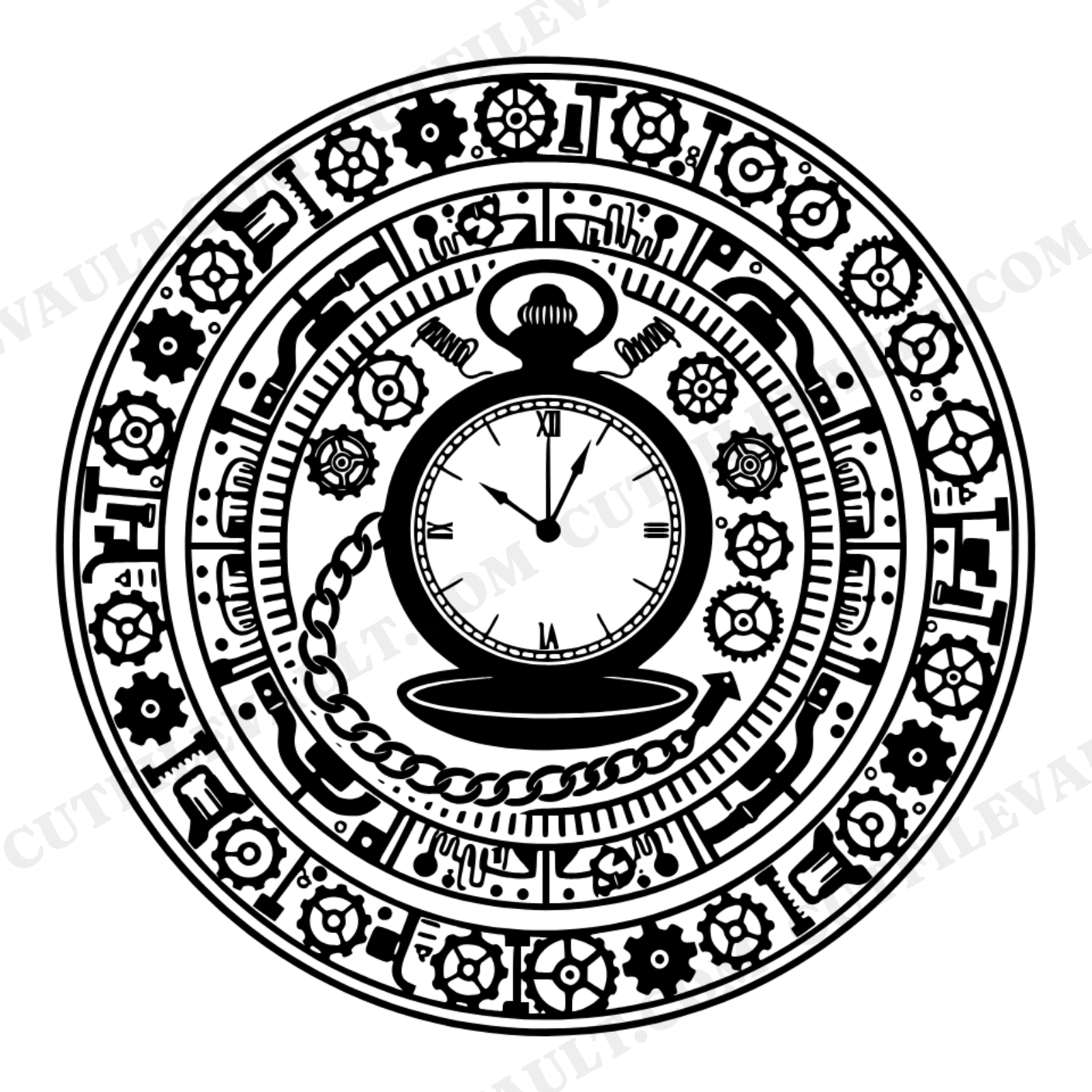 Vintage Pocket Watch Steampunk Mandala SVG PNG, Father's Day Cut File, Gears Chain Design, view 1
