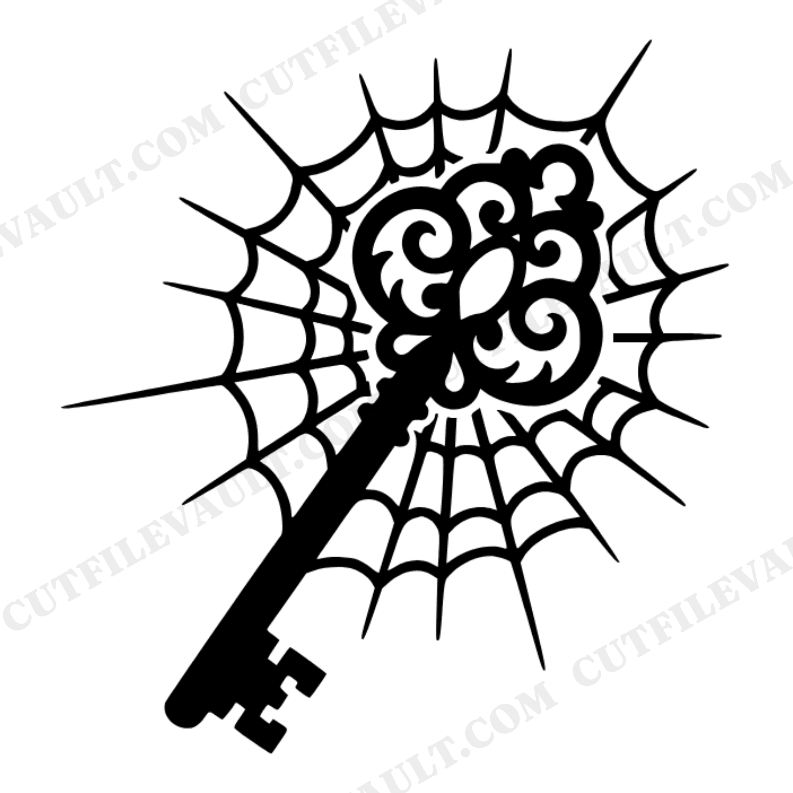 Vintage Skeleton Key with Cobweb SVG PNG, Halloween Cottagecore Cut File, Spooky Key Clipart, view 1