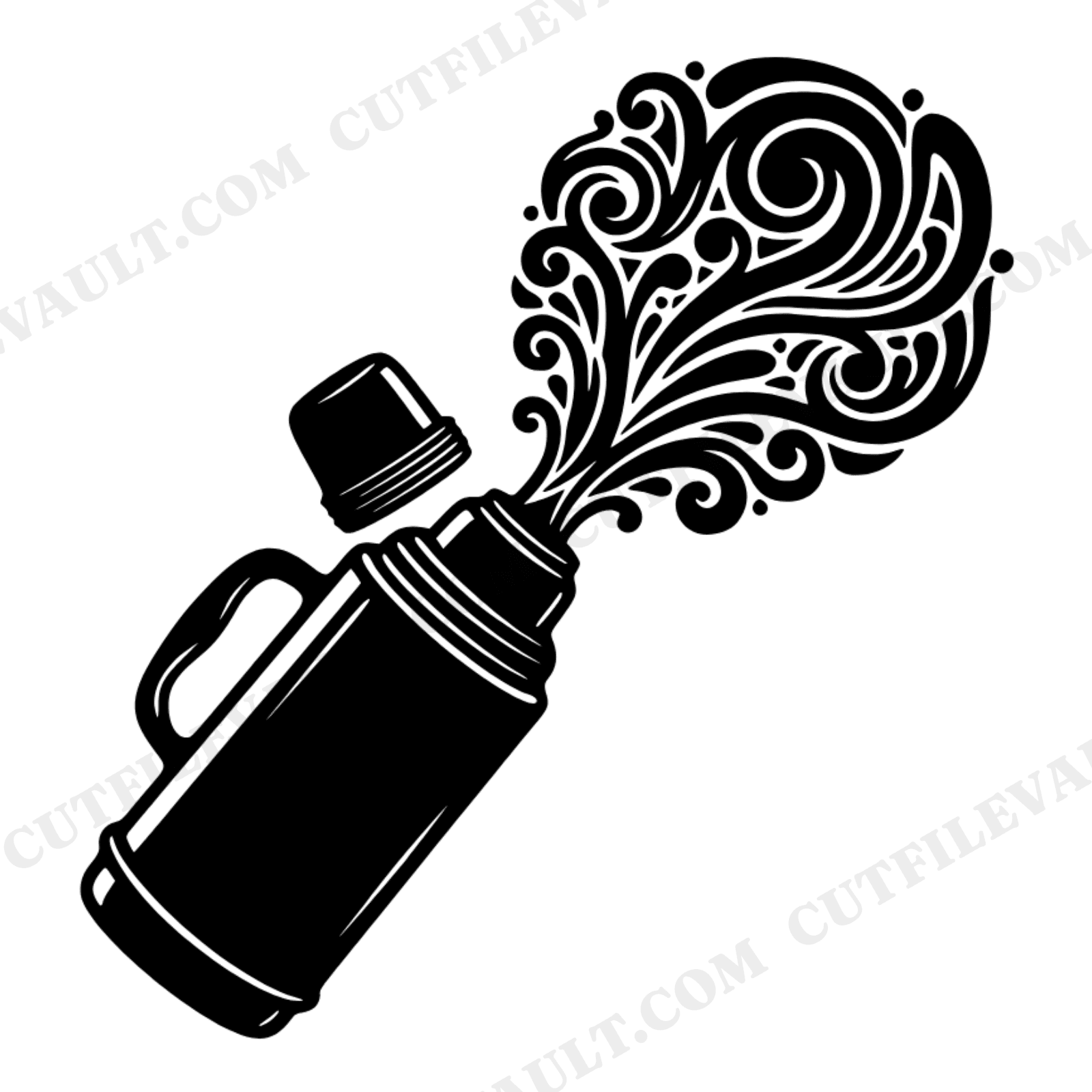 Vintage Thermos SVG PNG, Art Nouveau Steam Swirls, Back to School Lunchbox Label Cut File, view 1