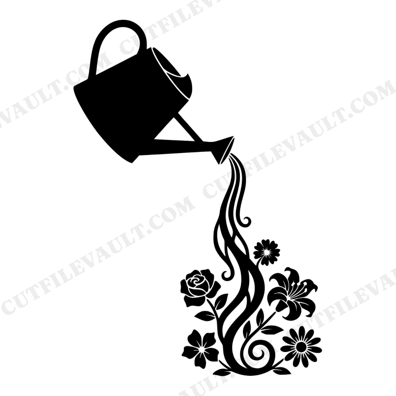 Vintage Watering Can SVG PNG, Floral Water Cascade, Art Nouveau Mothers Day Cut File Design, view 1