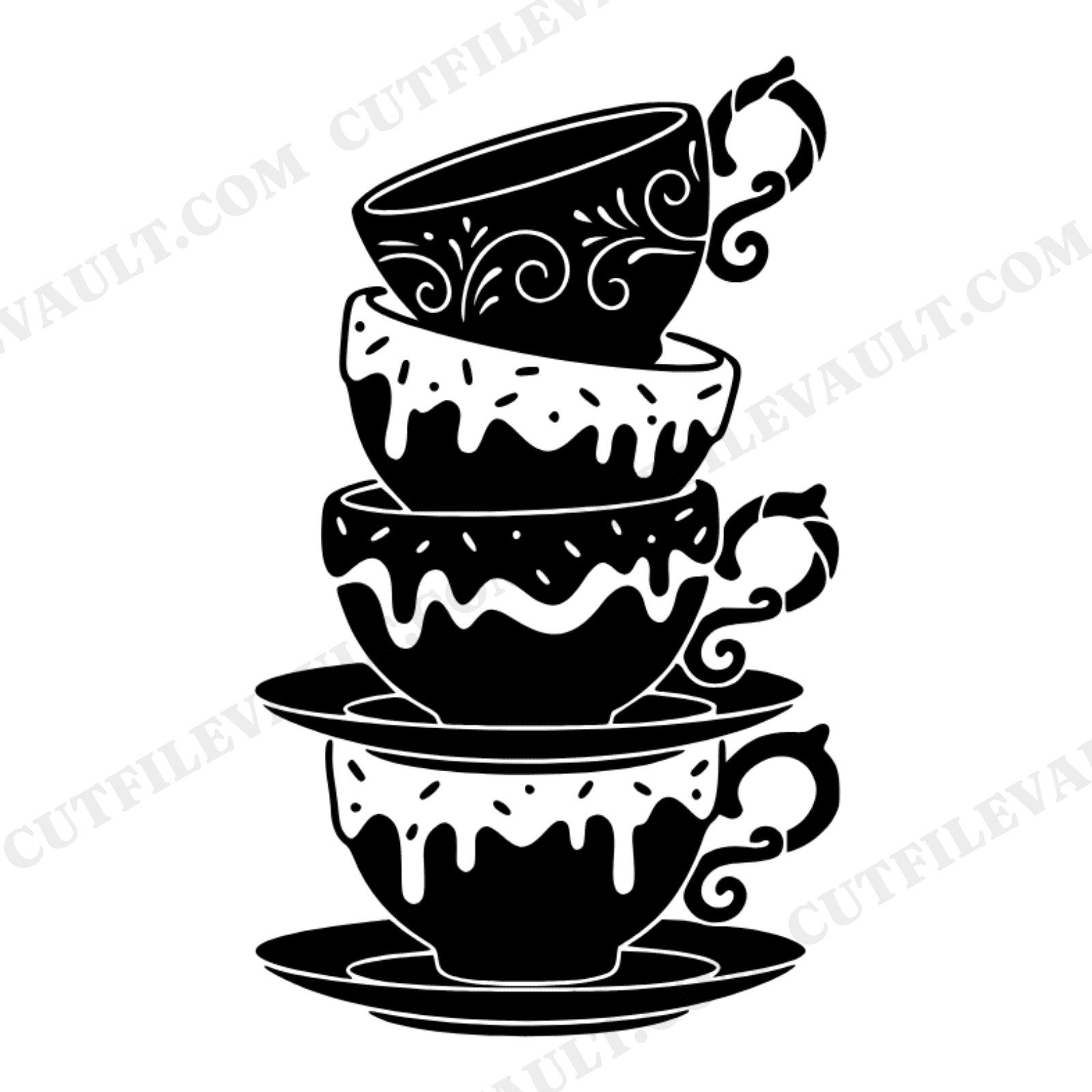 Whimsical Donut Teacup Tower SVG PNG, Cottagecore Tea Party Cut File, Boho Pastry Stack Design, view 1