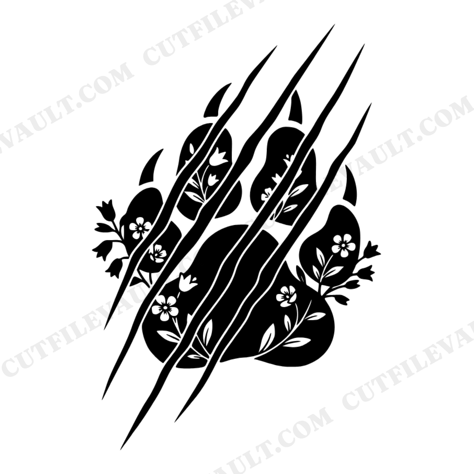 Wildwood Werewolf Paw Print SVG PNG, Floral Claw Marks Cut File, Cottagecore Halloween Design, view 1